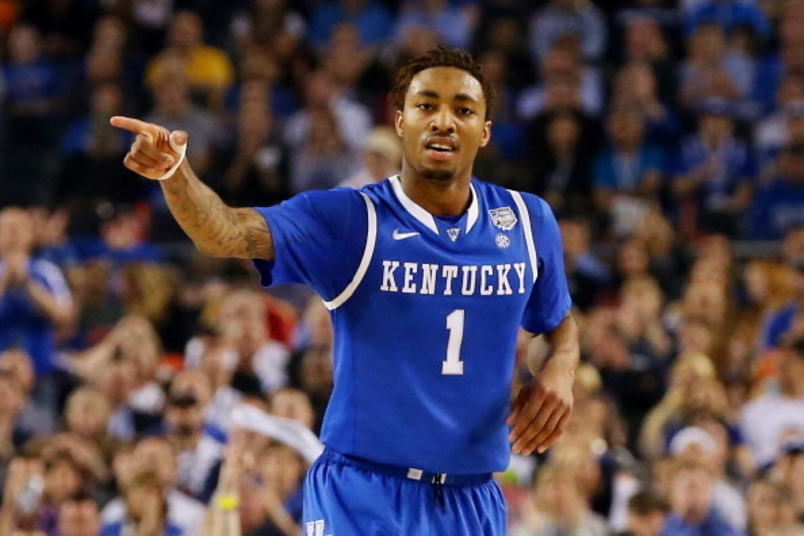 ARLINGTON, TX - APRIL 07:  James Young #1 of the Kentucky Wildcats reacts during the NCAA Men's Final Four Championship against the Connecticut Huskies at AT&T Stadium on April 7, 2014 in Arlington, Texas.  (Photo by Ronald Martinez/Getty Images)