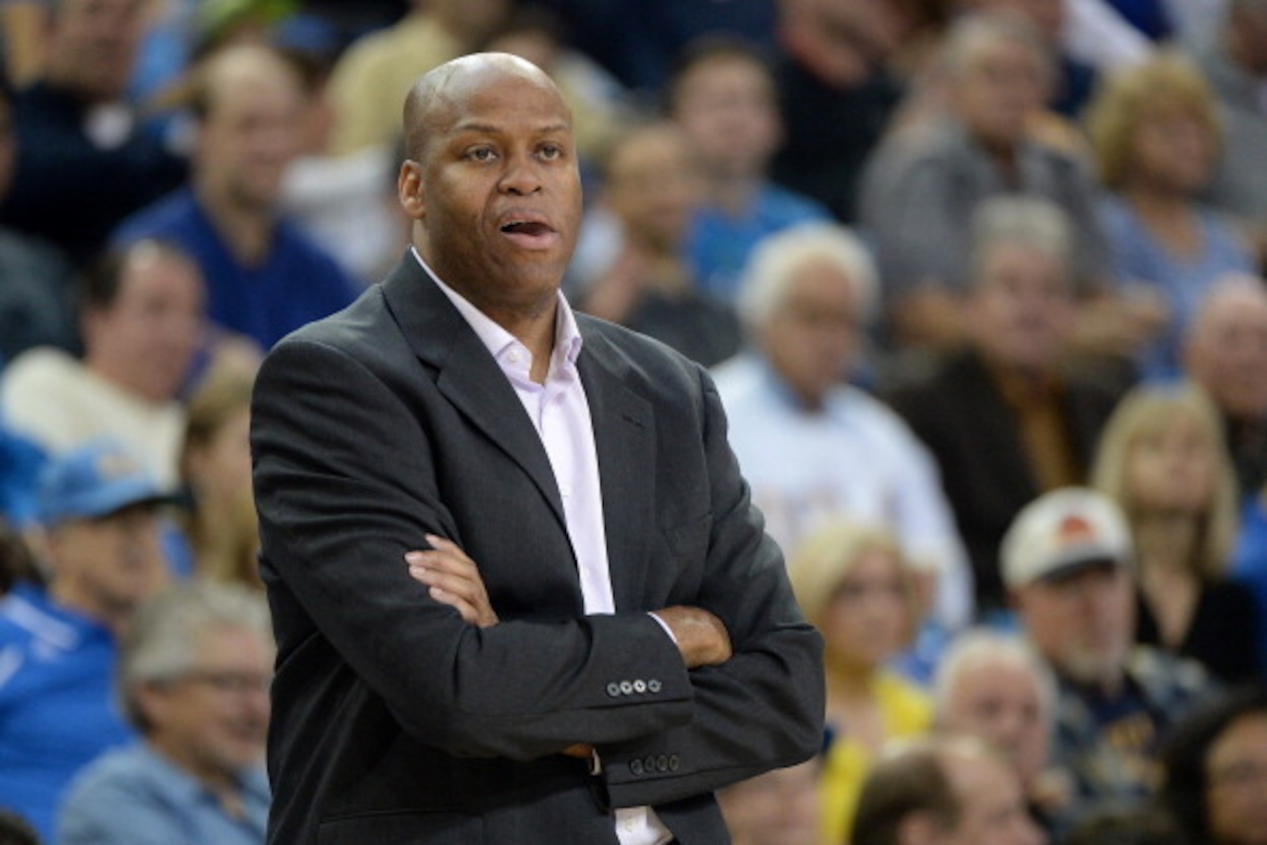 LOS ANGELES, CA - MARCH 02:  Head coach Craig Robinson of the Oregon State Beavers reacts to play from his team during the first half against the UCLA Bruins at Pauley Pavilion on March 2, 2014 in Los Angeles, California.  (Photo by Harry How/Getty Images