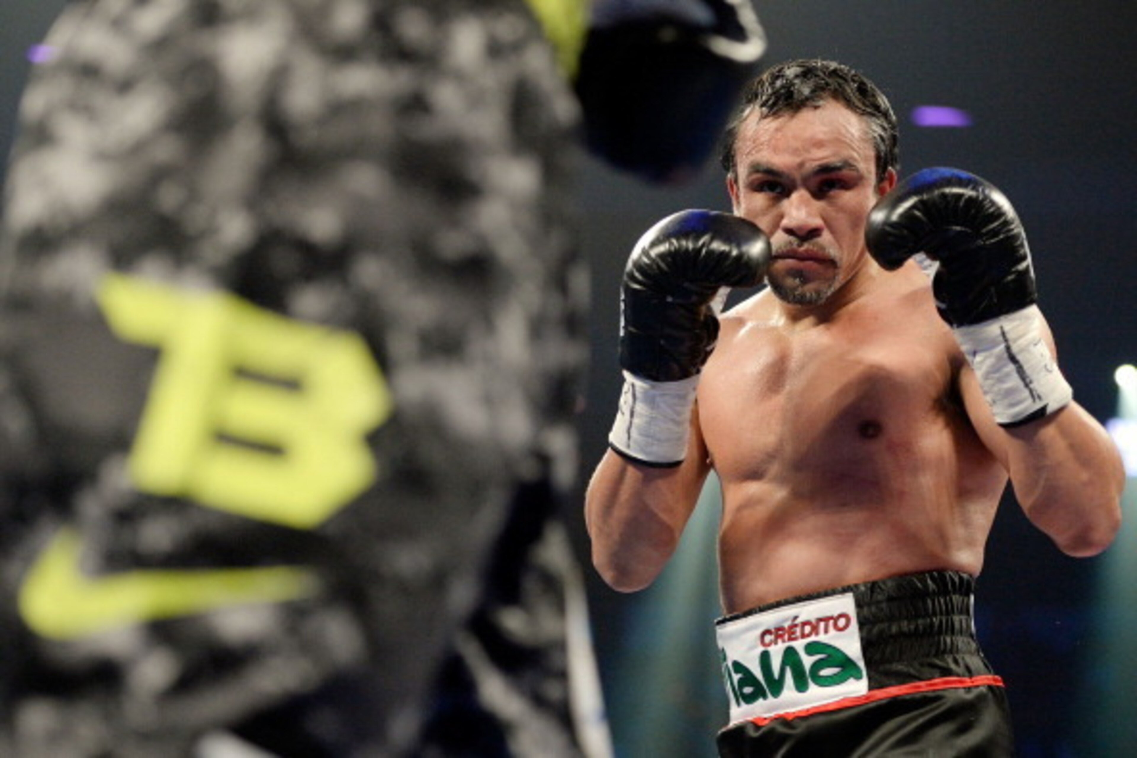LAS VEGAS, NV - OCTOBER 12:  Juan Manuel Marquez (R) looks to strike WBO welterweight champion Timothy Bradley Jr. during their bout at the Thomas & Mack Center on October 12, 2013 in Las Vegas, Nevada. Timothy Bradley Jr. wins in a split-decision victory