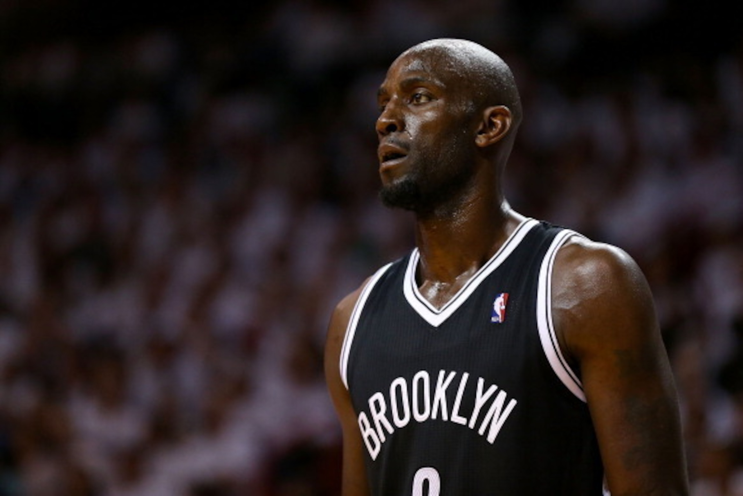 MIAMI, FL - MAY 14:  Kevin Garnett #2 of the Brooklyn Nets looks on during Game Five of the Eastern Conference Semifinals of the 2014 NBA Playoffs against the Miami Heat at American Airlines Arena on May 14, 2014 in Miami, Florida. NOTE TO USER: User expr