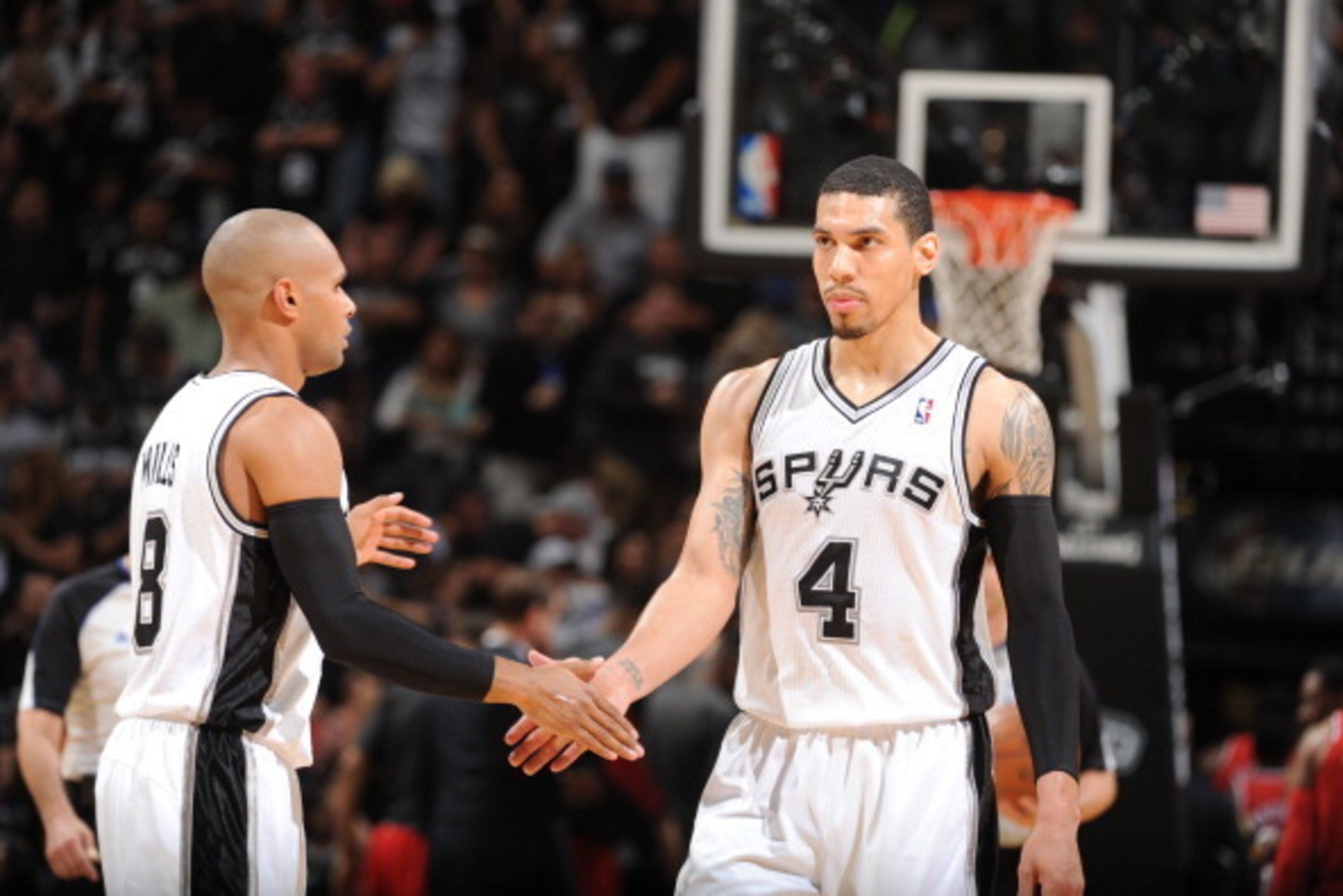 SAN ANTONIO, TX - MAY 14: Danny Green #4 of the San Antonio Spurs celebrates in Game Five of the Western Conference Semifinals against the Portland Trail Blazers during the 2014 NBA Playoffs on May 14, 2014 at the AT&T Center in San Antonio, Texas. NOTE T