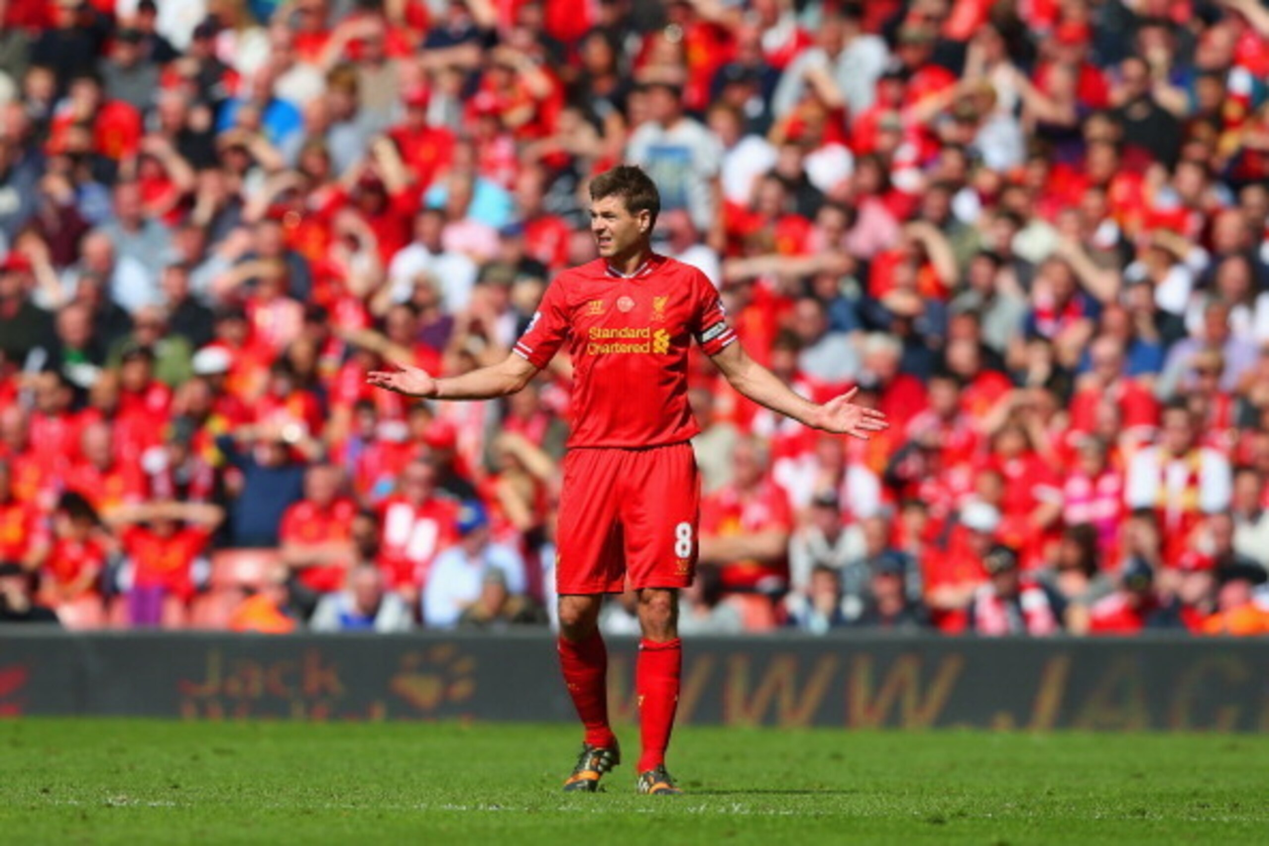 LIVERPOOL, ENGLAND - APRIL 27:  Steven Gerrard of Liverpool looks on during the Barclays Premier League match between Liverpool and Chelsea at Anfield on April 27, 2014 in Liverpool, England.  (Photo by Clive Brunskill/Getty Images)