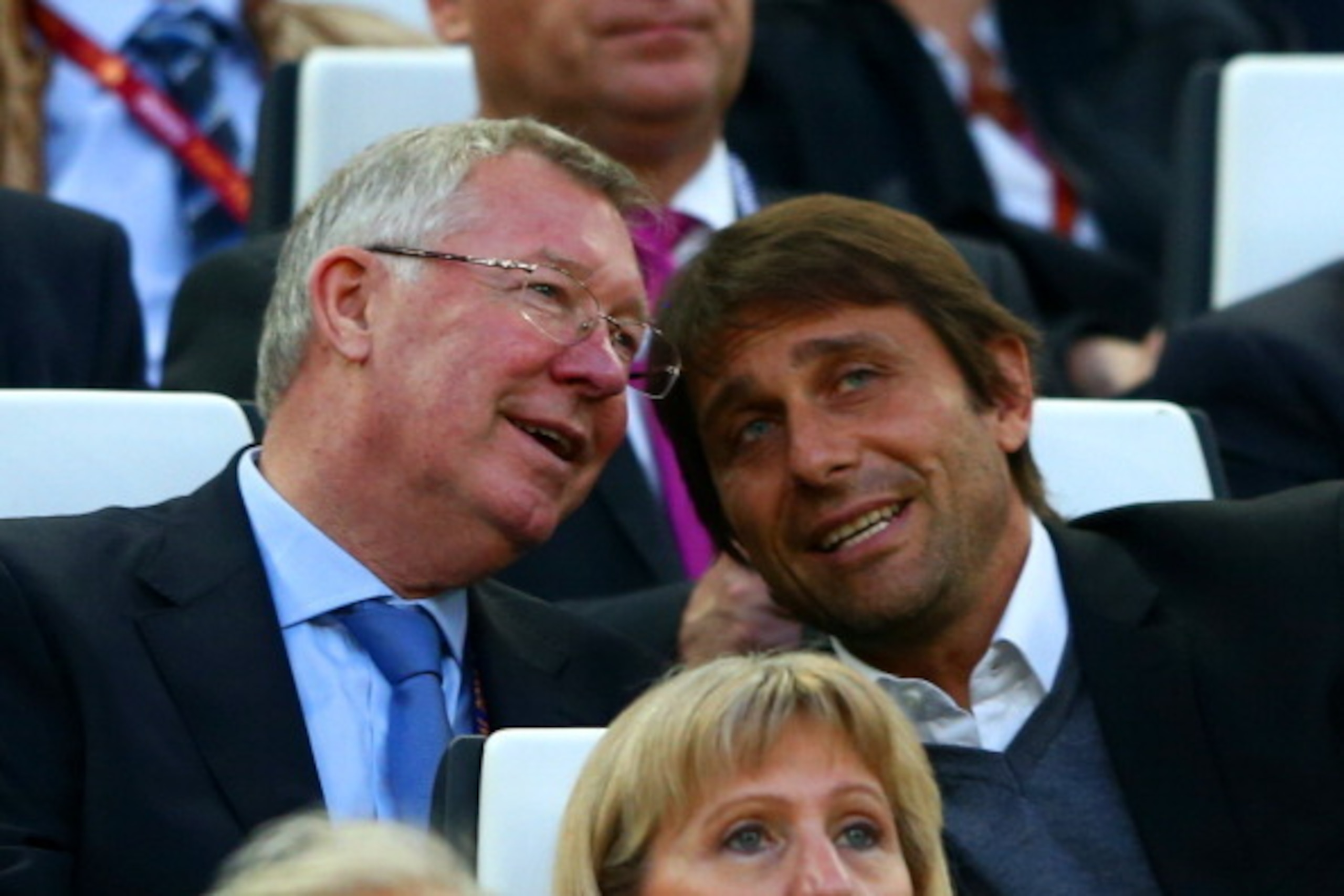 TURIN, ITALY - MAY 14:  Sir Alex Ferguson speaks with juventus manager Antonio Conte during the UEFA Europa League Final match between Sevilla FC and SL Benfica at Juventus Stadium on May 14, 2014 in Turin, Italy.  (Photo by Michael Steele/Getty Images)