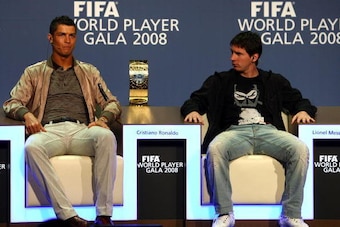ZURICH, SWITZERLAND - JANUARY 12: Cristiano Ronaldo of Portugal (L) and Lionel Messi of Argentina listen to questions from the media as nominees of FIFA Player of the Year 2008, at the Zurich Opera House on January 12, 2009 in Zurich, Switzerland.  (Photo