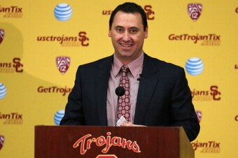 LOS ANGELES, CA - DECEMBER 03:  Steve Sarkisian speaks at a press conference introducing him as the new USC  head football coach at the John McKay Center at the University of Southern California on December 3, 2013 in Los Angeles, California.  (Photo by S