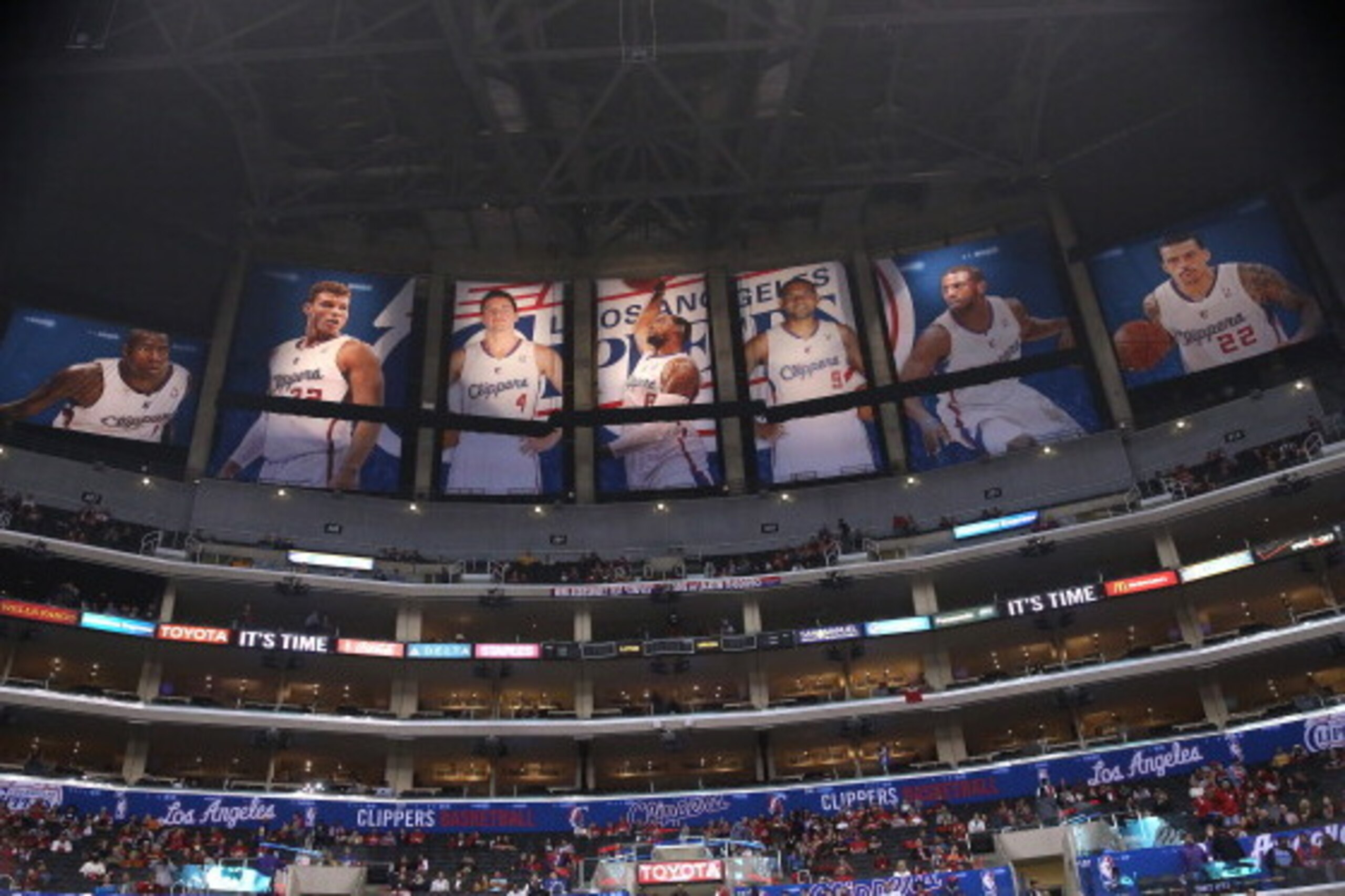 LOS ANGELES, CA - OCTOBER 31:  A view of banners hung by the Los Angeles Clippers for home games at Staples Center that cover the Los Angeles Lakers championship and retired numbers banners on October 31, 2013 in Los Angeles, California.  NOTE TO USER: Us