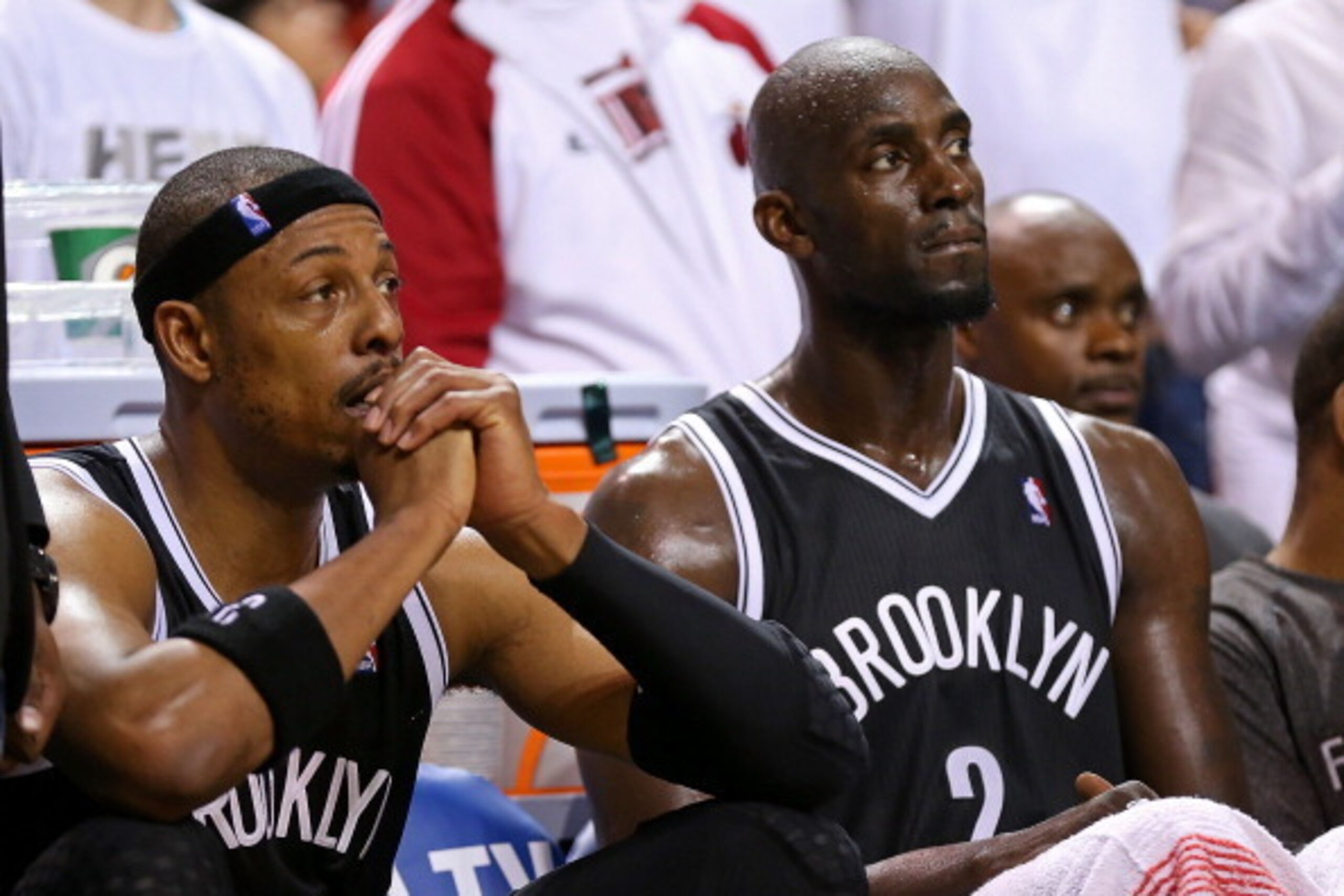 MIAMI, FL - MAY 14: Paul Pierce #34 and Kevin Garnett #2 of the Brooklyn Nets looks on during Game Five of the Eastern Conference Semifinals of the 2014 NBA Playoffs against the Miami Heat at American Airlines Arena on May 14, 2014 in Miami, Florida. NOTE