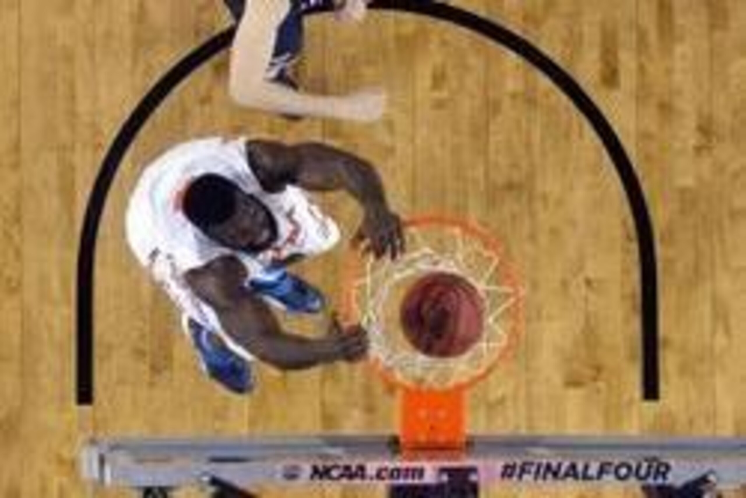 Apr 5, 2014; Arlington, TX, USA; Florida Gators center Patric Young (bottom) dunks as Connecticut Huskies guard/forward Niels Giffey (5) looks on in the second half during the semifinals of the Final Four in the 2014 NCAA Mens Division I Championship tour