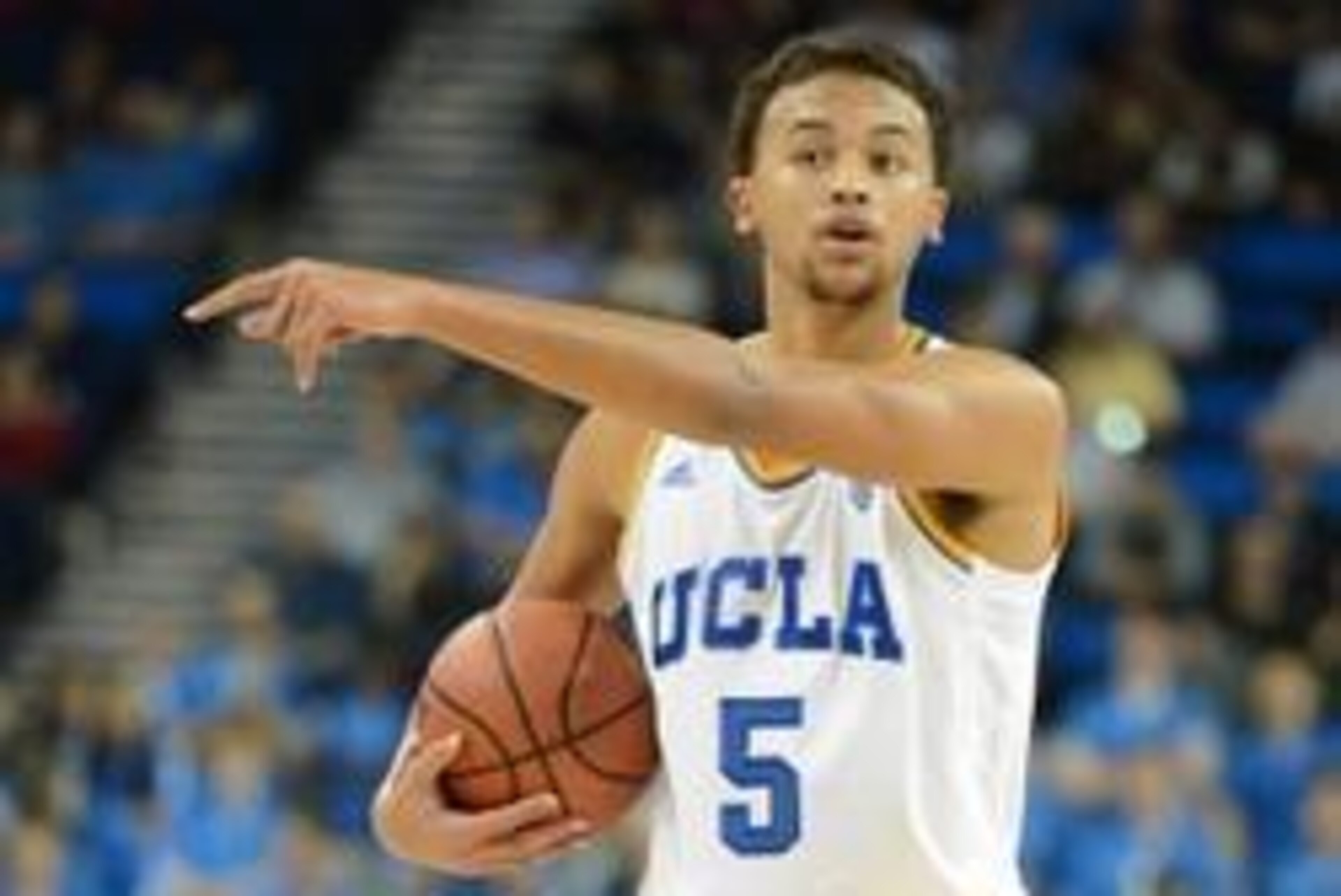 Jan 23, 2014; Los Angeles, CA, USA; UCLA Bruins guard/forward Kyle Anderson (5) directs the offense in the second half against the Stanford Cardinal at Pauley Pavilion. UCLA won 91-74. Mandatory Credit: Jayne Kamin-Oncea-USA TODAY Sports