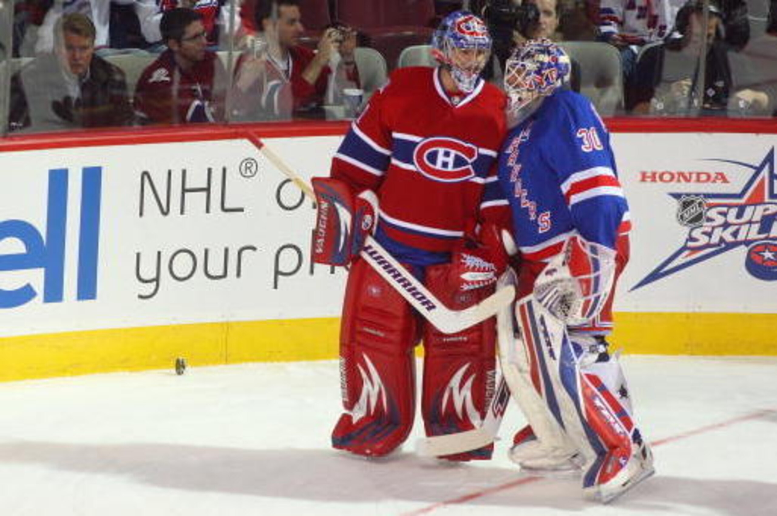 MONTREAL - JANUARY 24:  Carey Price #31 of the Washington Capitals speaks with Henrik Lundqvist #30 of the New York Rangers during the Honda NHL Superskills competition as part of the 2009 NHL All-Star weekend on January 24, 2009 at the Bell Centre in Mon