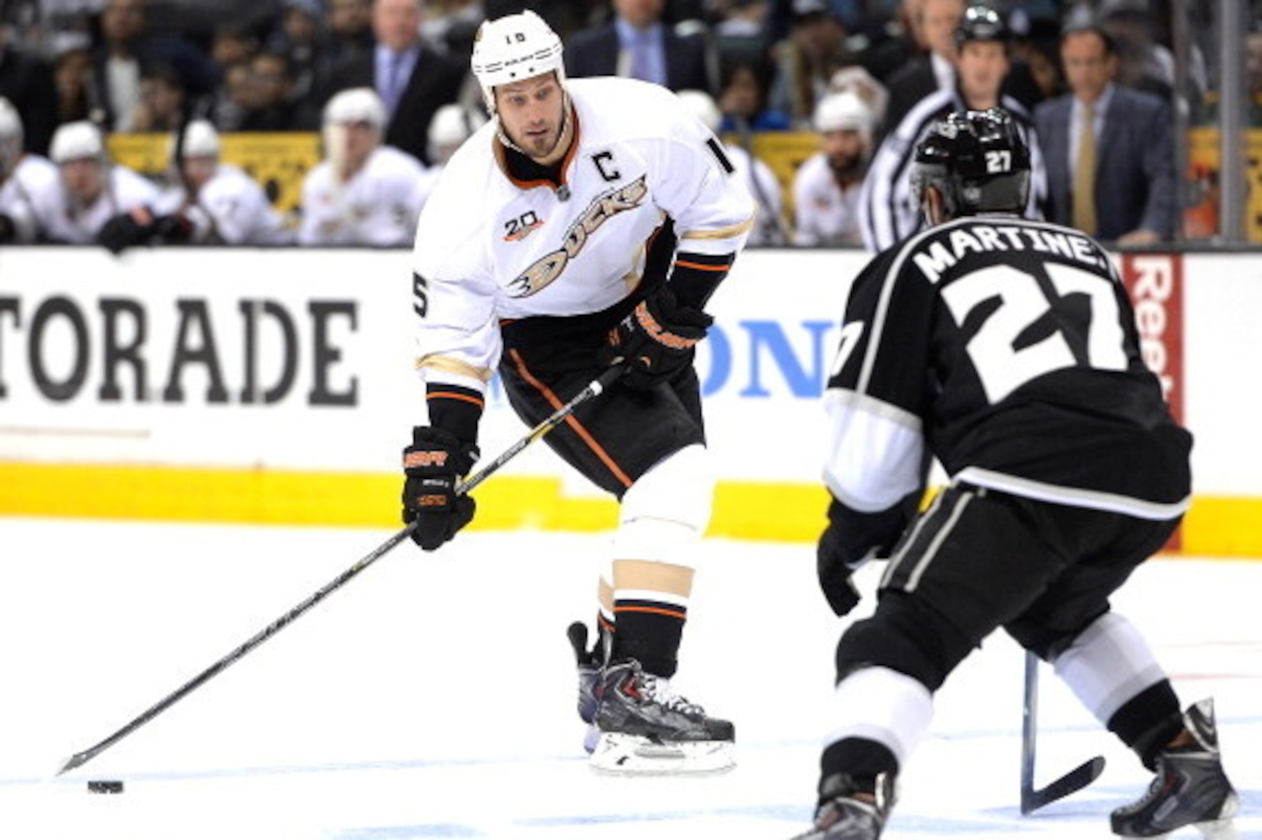 LOS ANGELES, CA - MAY 10:  Ryan Getzlaf #15 of the Anaheim Ducks prepares to shoot in front of Alec Martinez #27 of the Los Angeles Kings in Game Four of the Second Round of the 2014 NHL Stanley Cup Playoffs at Staples Center on May 10, 2014 in Los Angele