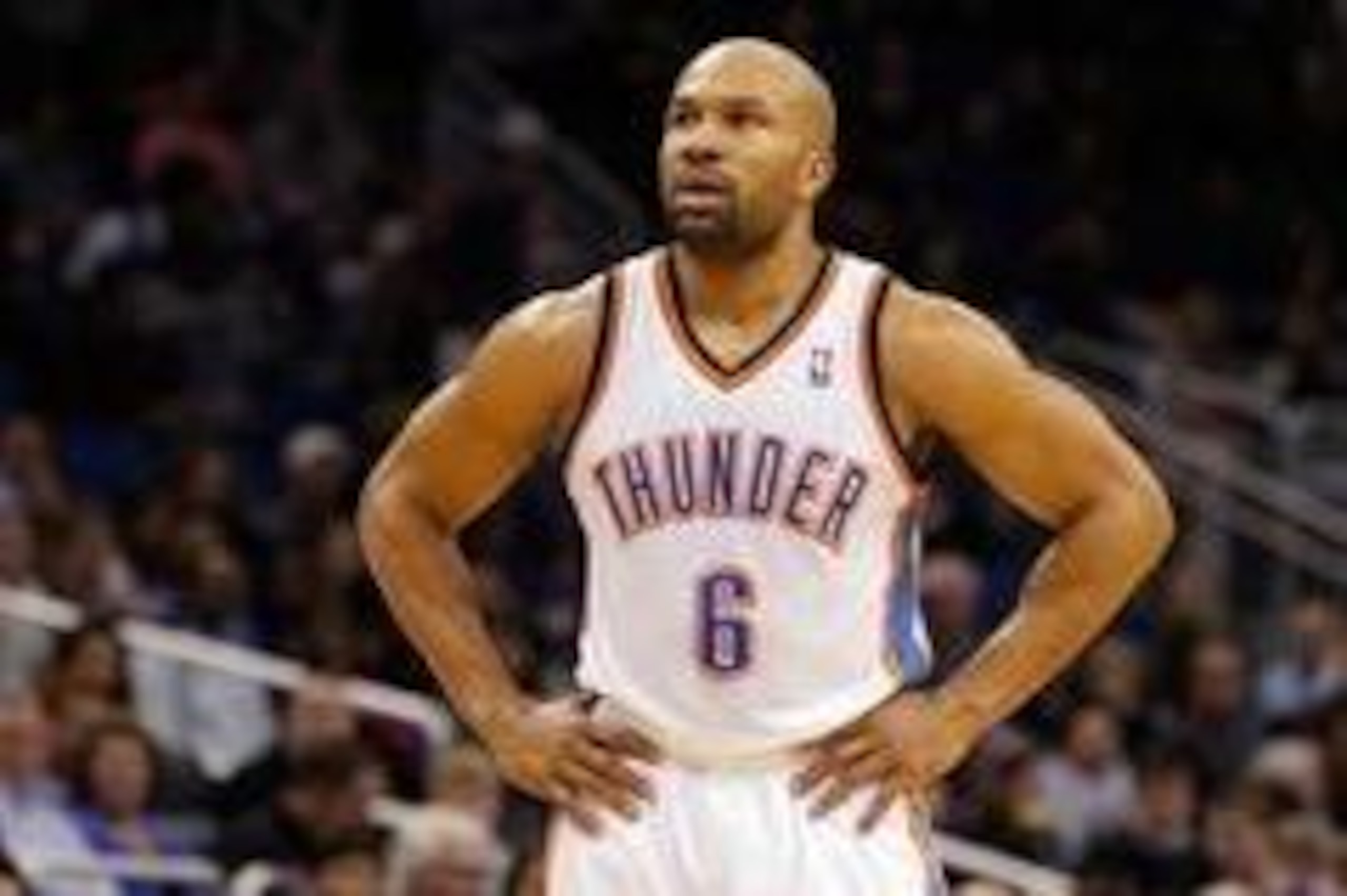 Feb 7, 2014; Orlando, FL, USA; Oklahoma City Thunder point guard Derek Fisher (6) against the Orlando Magic during the second half at Amway Center. Orlando Magic defeated the Oklahoma City Thunder 103-102. Mandatory Credit: Kim Klement-USA TODAY Sports