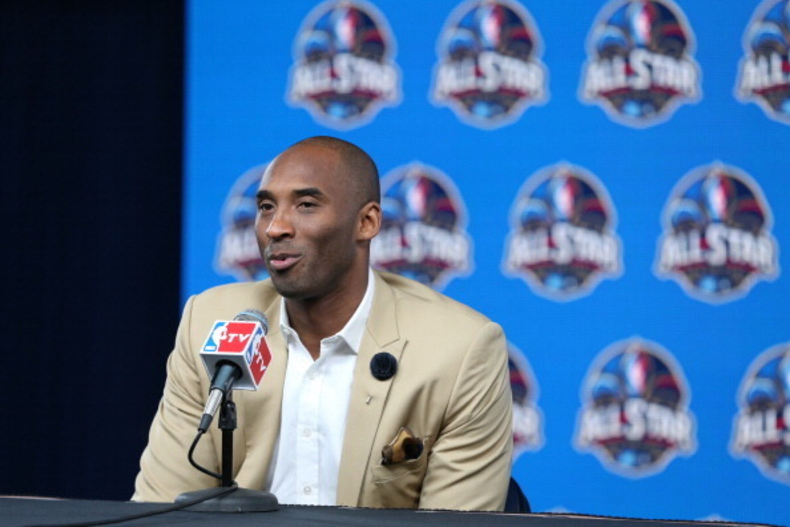 NEW ORLEANS, LA - FEBRUARY 16: Kobe Bryant #24 of the Western Conference All-Stars talks to the media during the 2014 NBA All-Star Game at Smoothie King Center on February 16, 2014 in New Orleans, Louisiana. NOTE TO USER: User expressly acknowledges and a