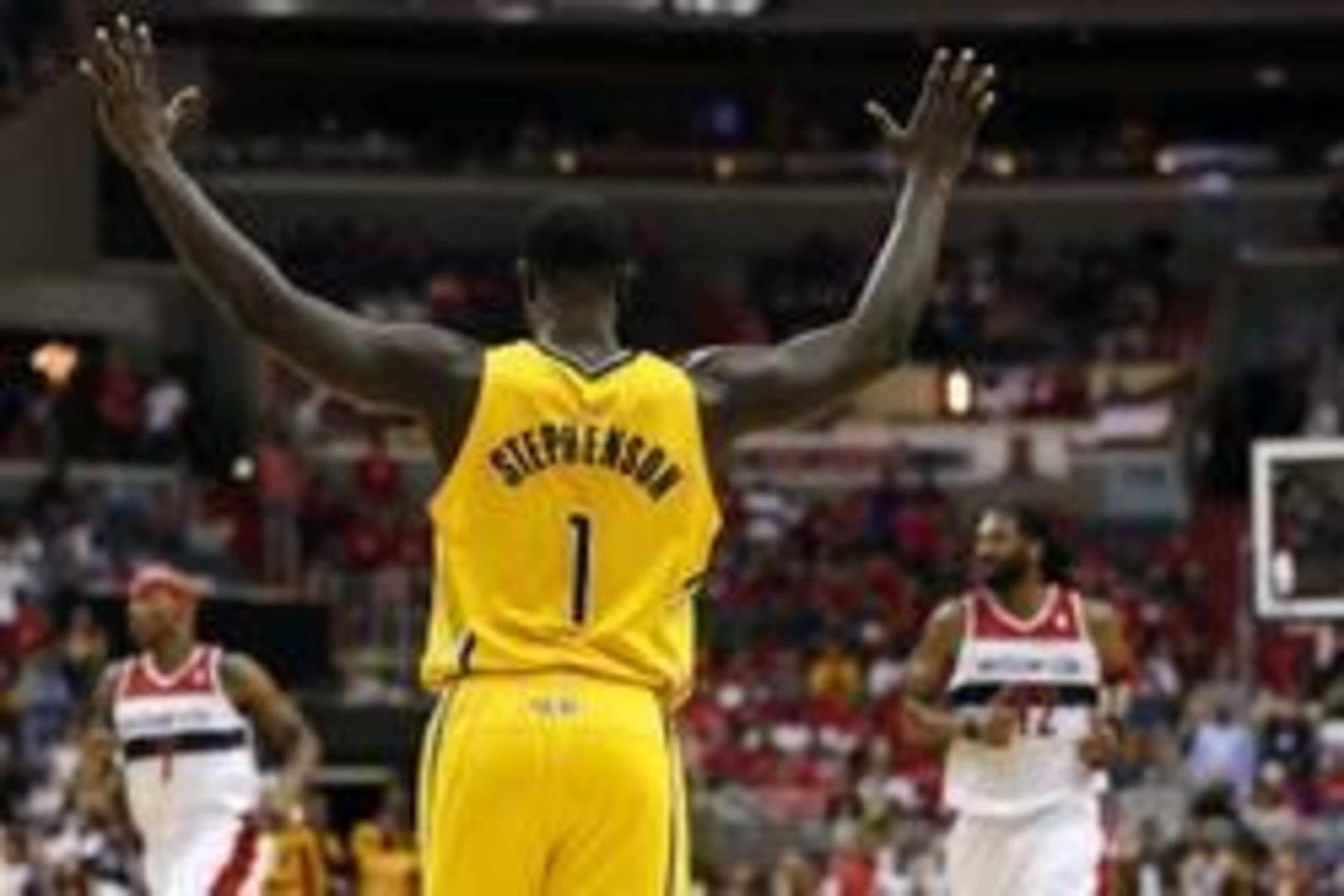 May 15, 2014; Washington, DC, USA; Indiana Pacers guard Lance Stephenson (1) celebrates against the Washington Wizards in the fourth quarter in game six of the second round of the 2014 NBA Playoffs at Verizon Center. The Pacers won 93-80, and won the seri