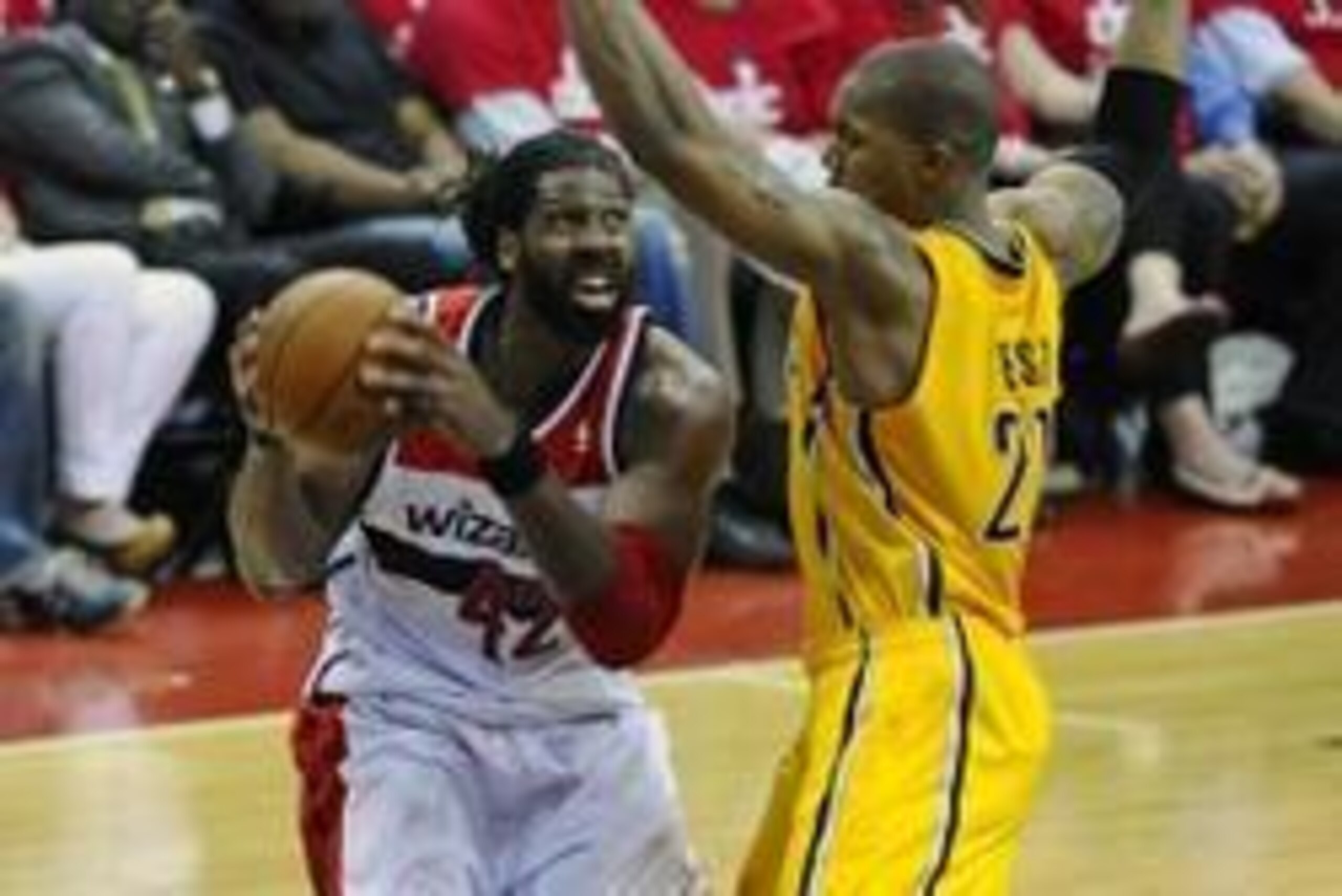 May 15, 2014; Washington, DC, USA; Washington Wizards power forward Nene (42) prepares to shoot as Indiana Pacers power forward David West (21) defends during the first half in game six of the second round of the 2014 NBA Playoffs at Verizon Center. Manda May 15, 2014; Washington, DC, USA; Washington Wizards power forward Nene (42) prepares to shoot as Indiana Pacers power forward David West (21) defends during the first half in game six of the second round of the 2014 NBA Playoffs at Verizon Center. Manda