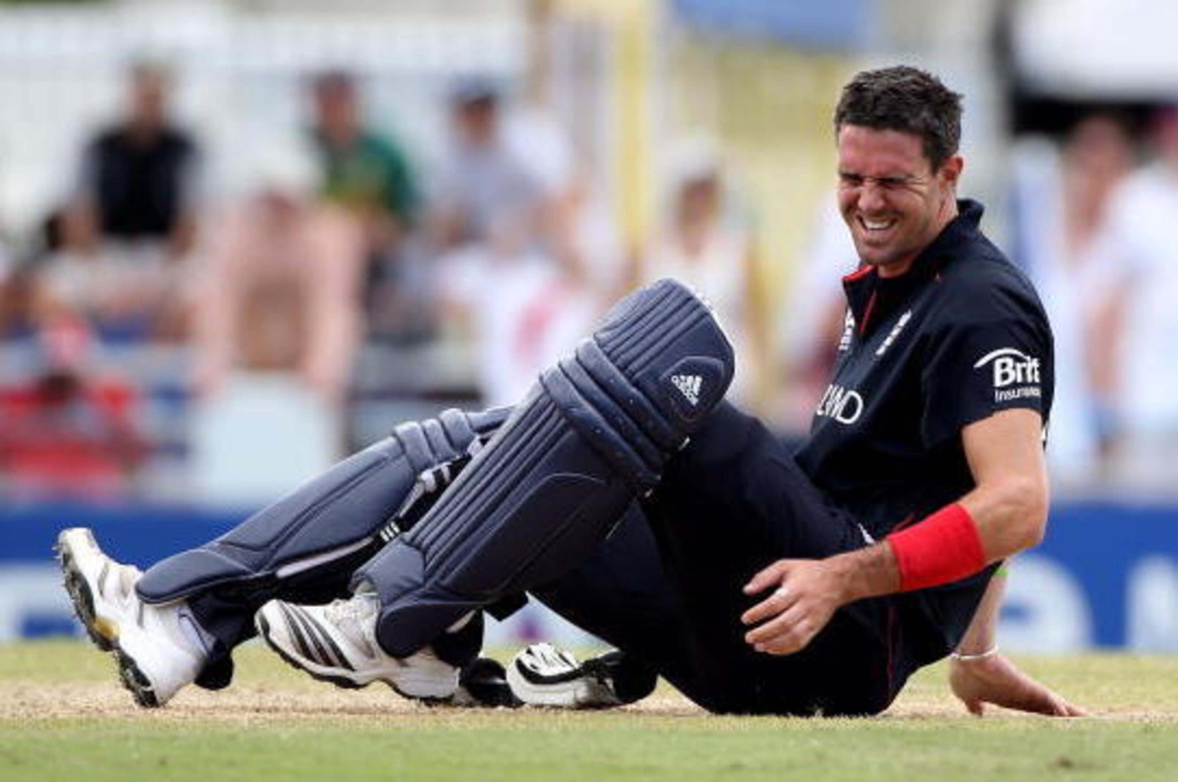 BRIDGETOWN, BARBADOS - MAY 06: Kevin Pietersen of England grimaces in pain after sustaining a slight injury during The ICC World Twenty20 Super Eight match between Pakistan and England played at The Kensington Oval on May 6, 2010 in Bridgetown, Barbados. 