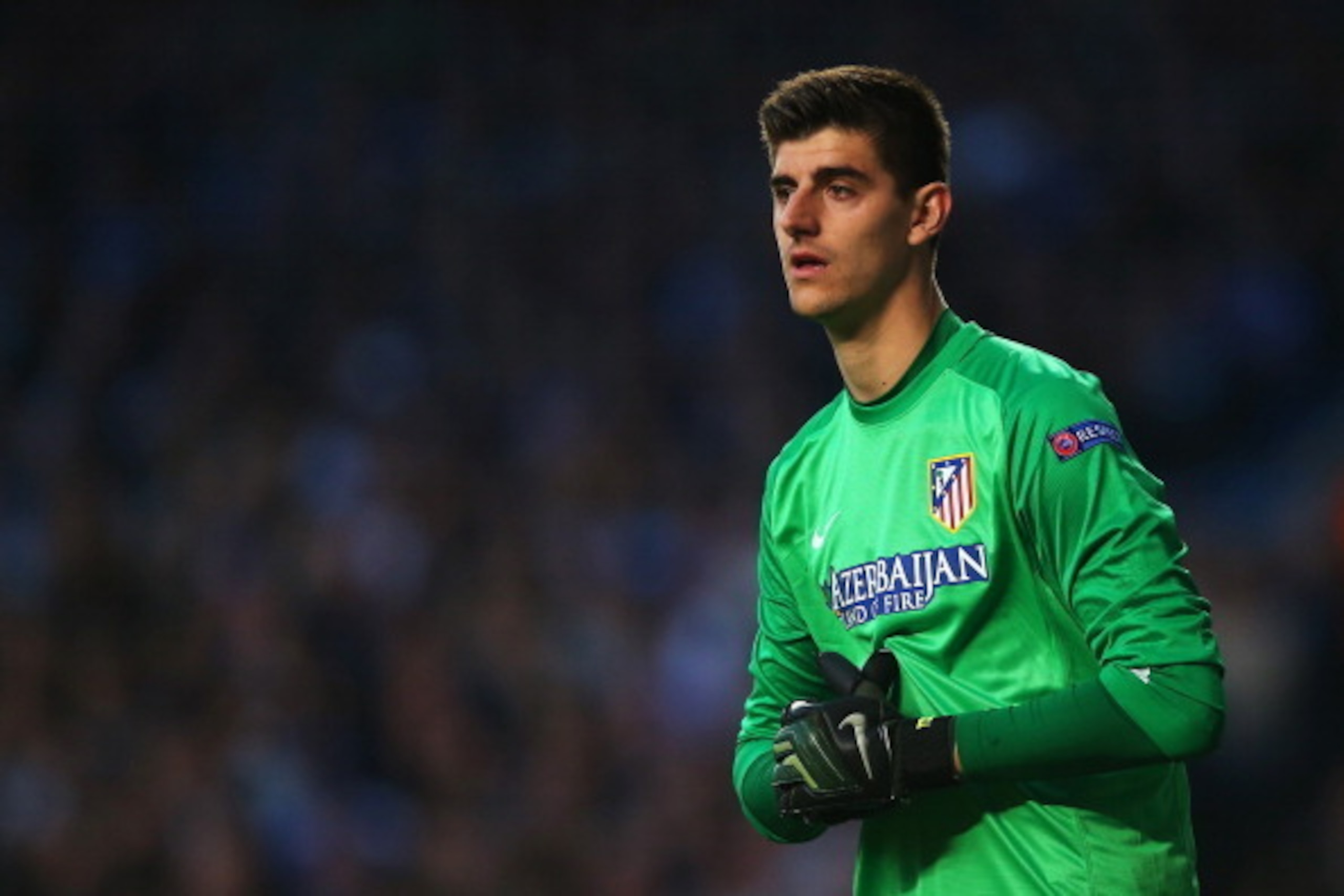 LONDON, ENGLAND - APRIL 30:  Thibaut Courtois of Club Atletico de Madrid looks on during the UEFA Champions League semi-final second leg match between Chelsea and Club Atletico de Madrid at Stamford Bridge on April 30, 2014 in London, England.  (Photo by 
