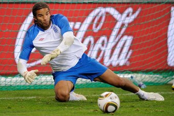 CAPE TOWN, SOUTH AFRICA - JUNE 17: David James makes a save during the England training session at the Green Point Stadium on June 17, 2010 in Cape Town, South Africa.  (Photo by Michael Regan/Getty Images)