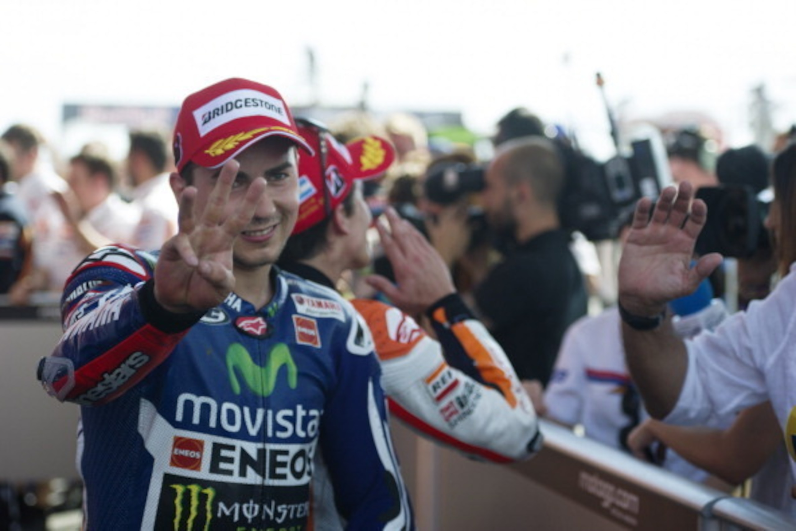 RIO HONDO, ARGENTINA - APRIL 27:  Jorge Lorenzo of Spain and Movistar Yamaha MotoGP celebrates the third place at the end of the MotoGP race during the MotoGp of Argentina - Race at  on April 27, 2014 in Rio Hondo, Argentina.  (Photo by Mirco Lazzari gp/G