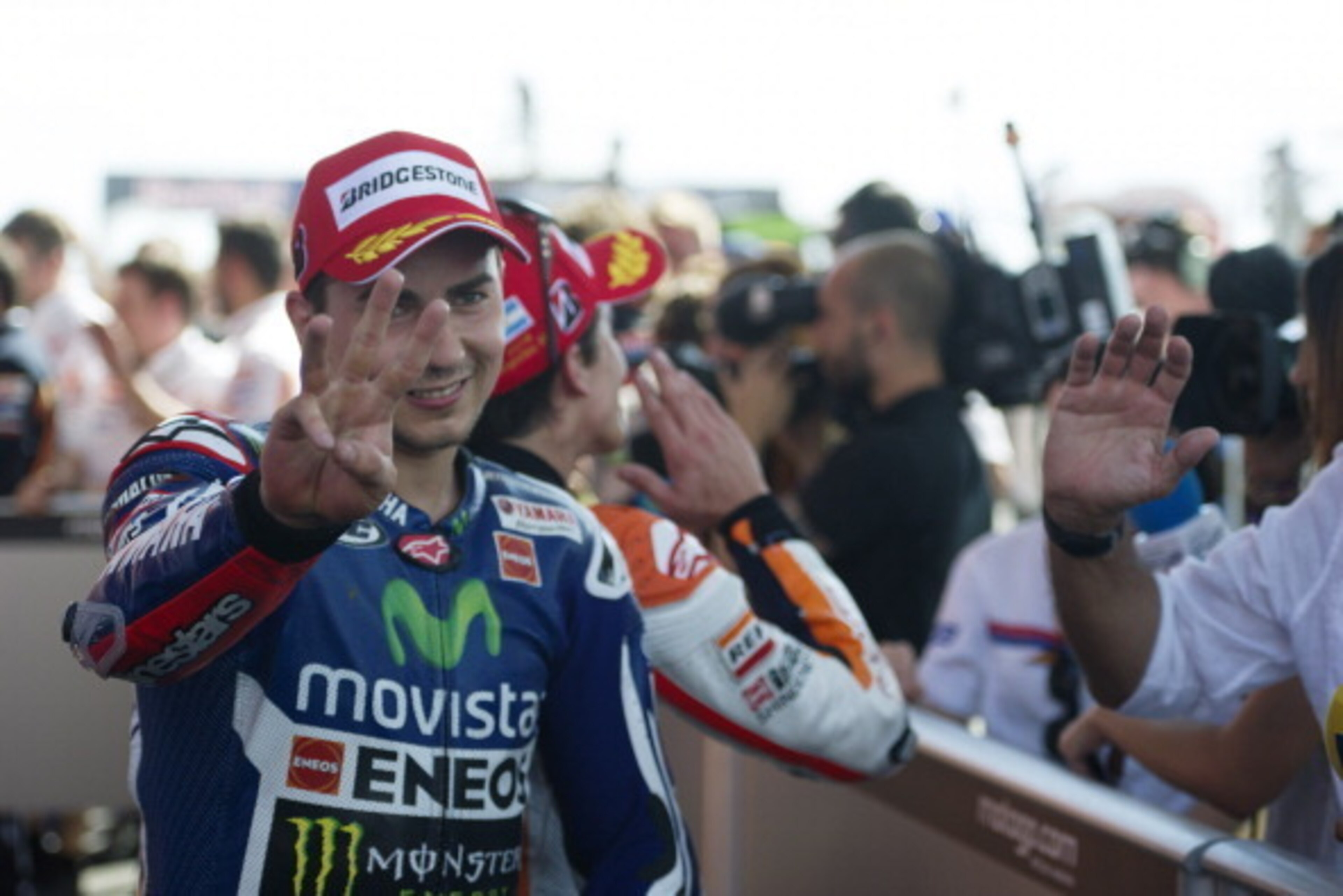 RIO HONDO, ARGENTINA - APRIL 27:  Jorge Lorenzo of Spain and Movistar Yamaha MotoGP celebrates the third place at the end of the MotoGP race during the MotoGp of Argentina - Race at  on April 27, 2014 in Rio Hondo, Argentina.  (Photo by Mirco Lazzari gp/G