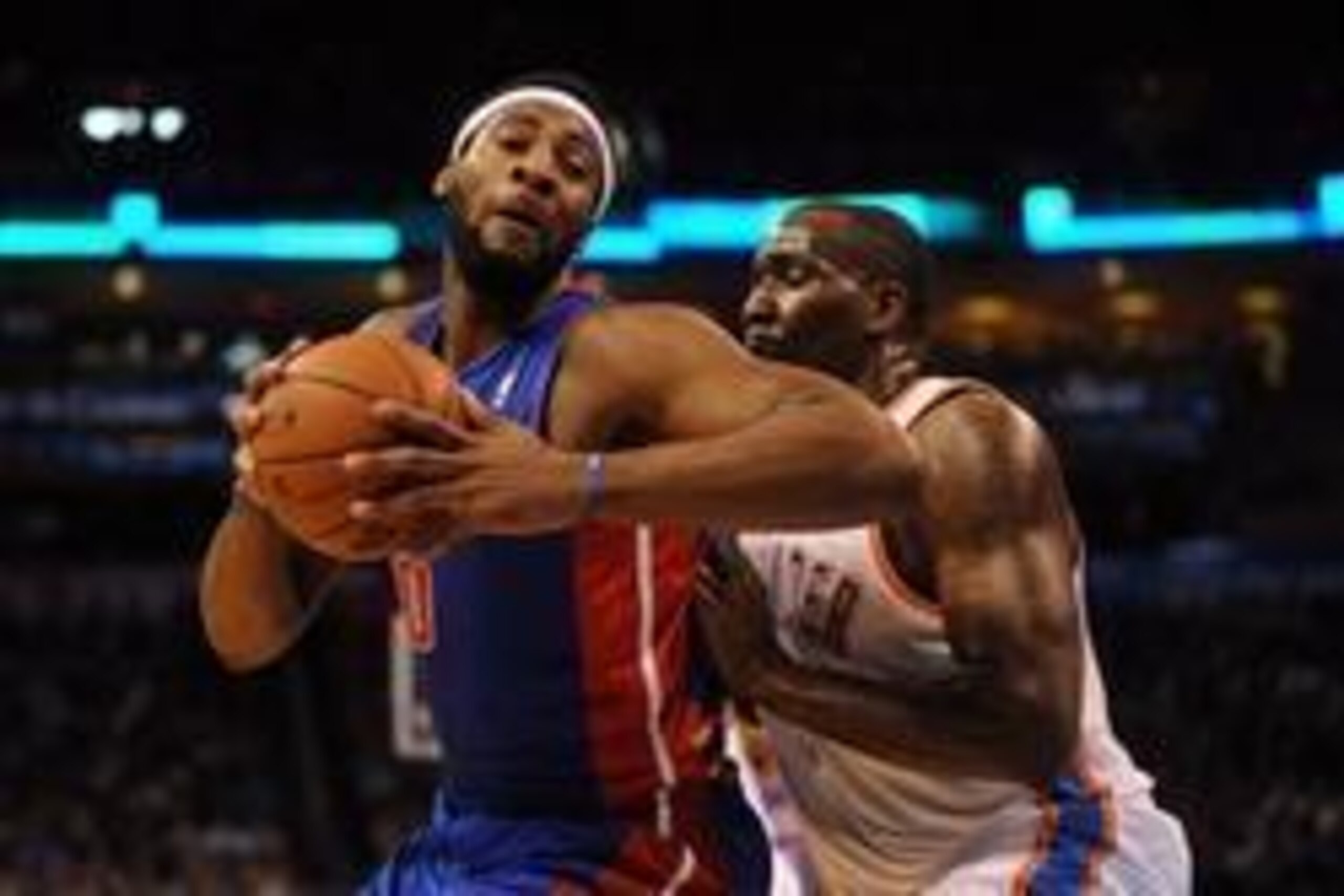 Apr 16, 2014; Oklahoma City, OK, USA; Detroit Pistons center Andre Drummond (0) drives to the basket against Oklahoma City Thunder center Kendrick Perkins (5) during the first quarter at Chesapeake Energy Arena. Mandatory Credit: Mark D. Smith-USA TODAY S