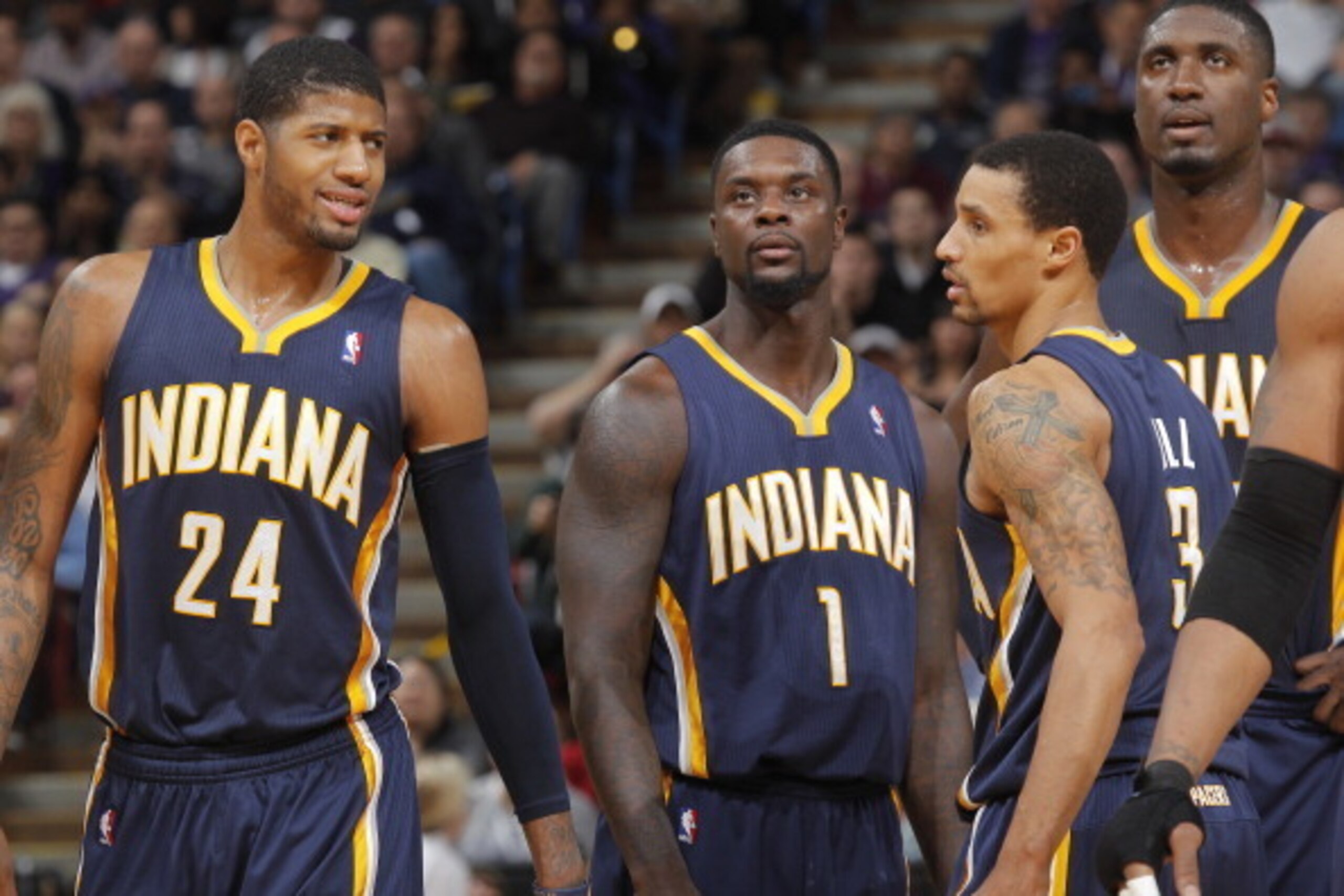 SACRAMENTO, CA - JANUARY 24: Paul George #24, Lance Stephenson #1, George Hill #3 and Roy Hibbert #55 of the Indiana Pacers face off against the Sacramento Kings on January 24, 2014 at Sleep Train Arena in Sacramento, California. NOTE TO USER: User expres