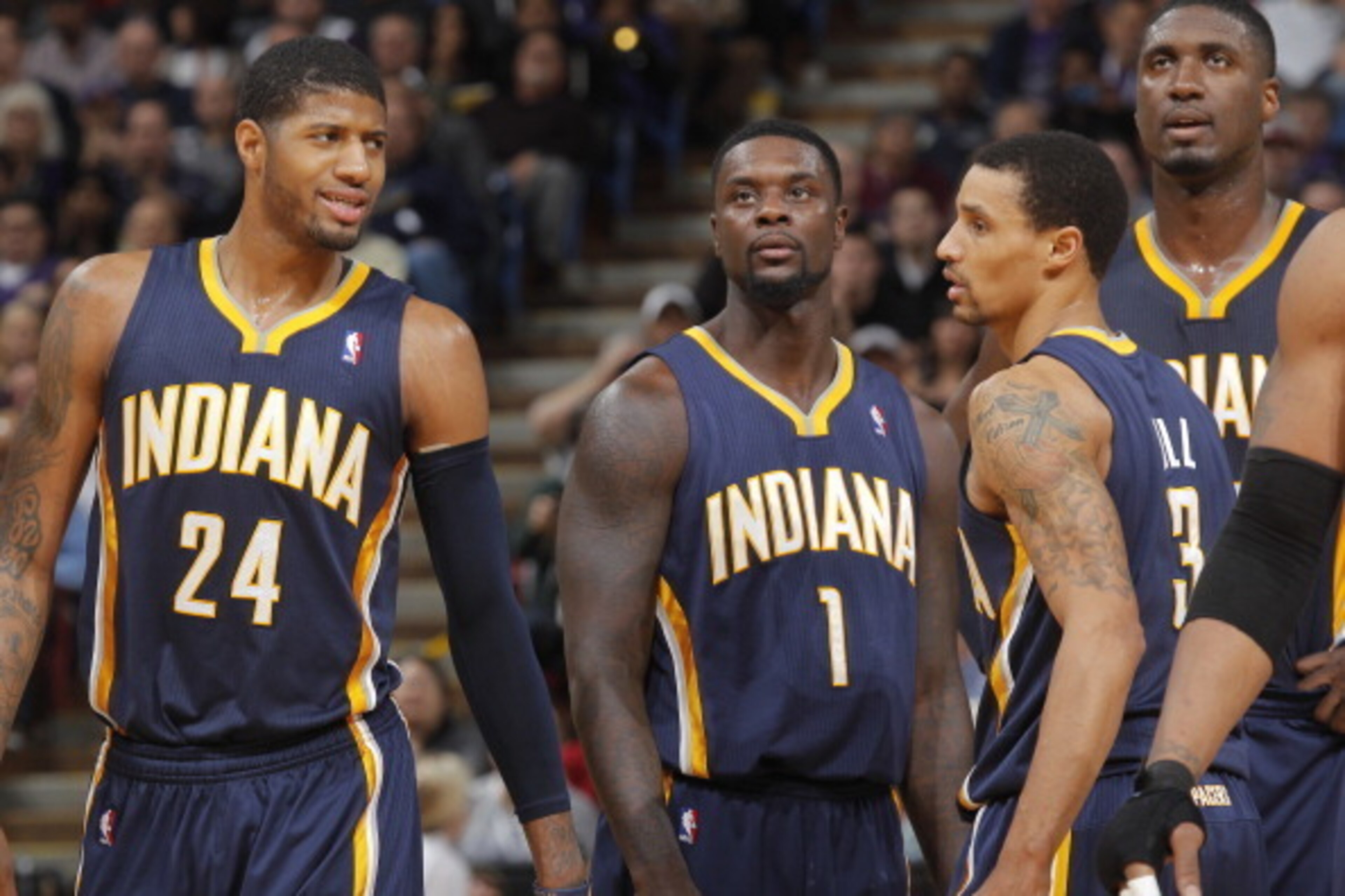 SACRAMENTO, CA - JANUARY 24: Paul George #24, Lance Stephenson #1, George Hill #3 and Roy Hibbert #55 of the Indiana Pacers face off against the Sacramento Kings on January 24, 2014 at Sleep Train Arena in Sacramento, California. NOTE TO USER: User expres