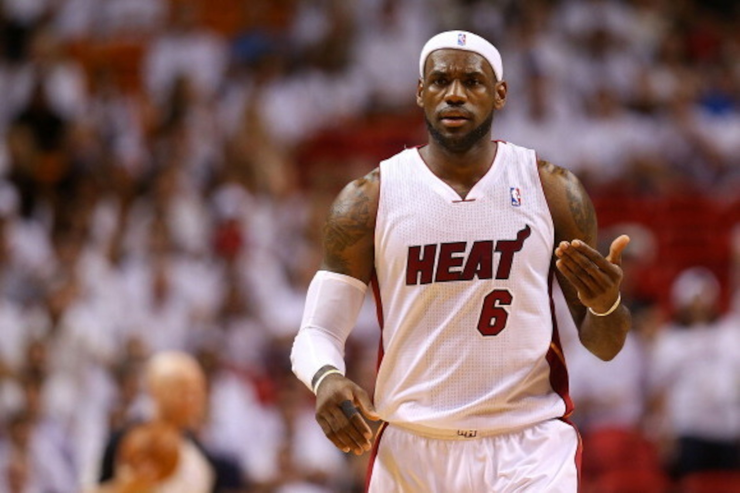 MIAMI, FL - MAY 14:  LeBron James #6 of the Miami Heat looks on during Game Five of the Eastern Conference Semifinals of the 2014 NBA Playoffs against the Brooklyn Nets at American Airlines Arena on May 14, 2014 in Miami, Florida. NOTE TO USER: User expre