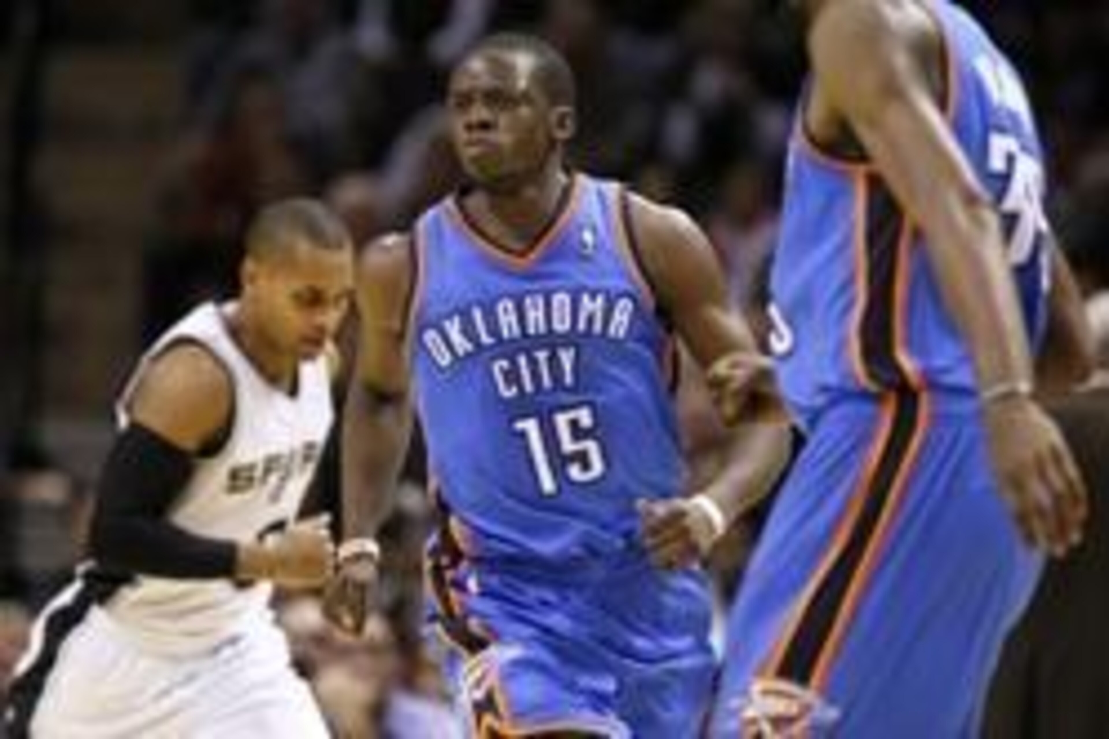 Jan 22, 2014; San Antonio, TX, USA; Oklahoma City Thunder guard Reggie Jackson (15) reacts after a shot during the second half against the San Antonio Spurs at AT&T Center. The Thunder won 111-105. Mandatory Credit: Soobum Im-USA TODAY Sports Jan 22, 2014; San Antonio, TX, USA; Oklahoma City Thunder guard Reggie Jackson (15) reacts after a shot during the second half against the San Antonio Spurs at AT&T Center. The Thunder won 111-105. Mandatory Credit: Soobum Im-USA TODAY Sports