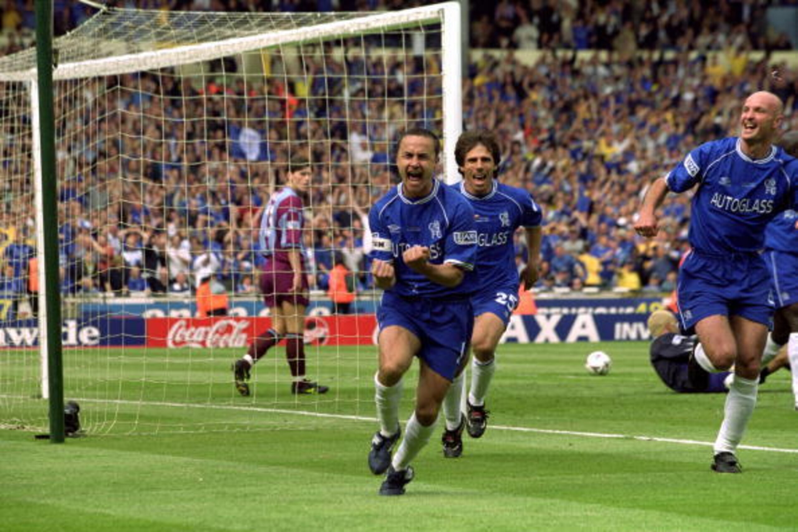 20 May 2000:  Dennis Wise of Chelsea celebrates scoring but later finds the goal disallowed during the AXA FA Cup Final 2000 against Aston Villa at Wembley Stadium, London, England. Chelsea won 1-0.  \ Mandatory Credit: Ben Radford /Allsport
