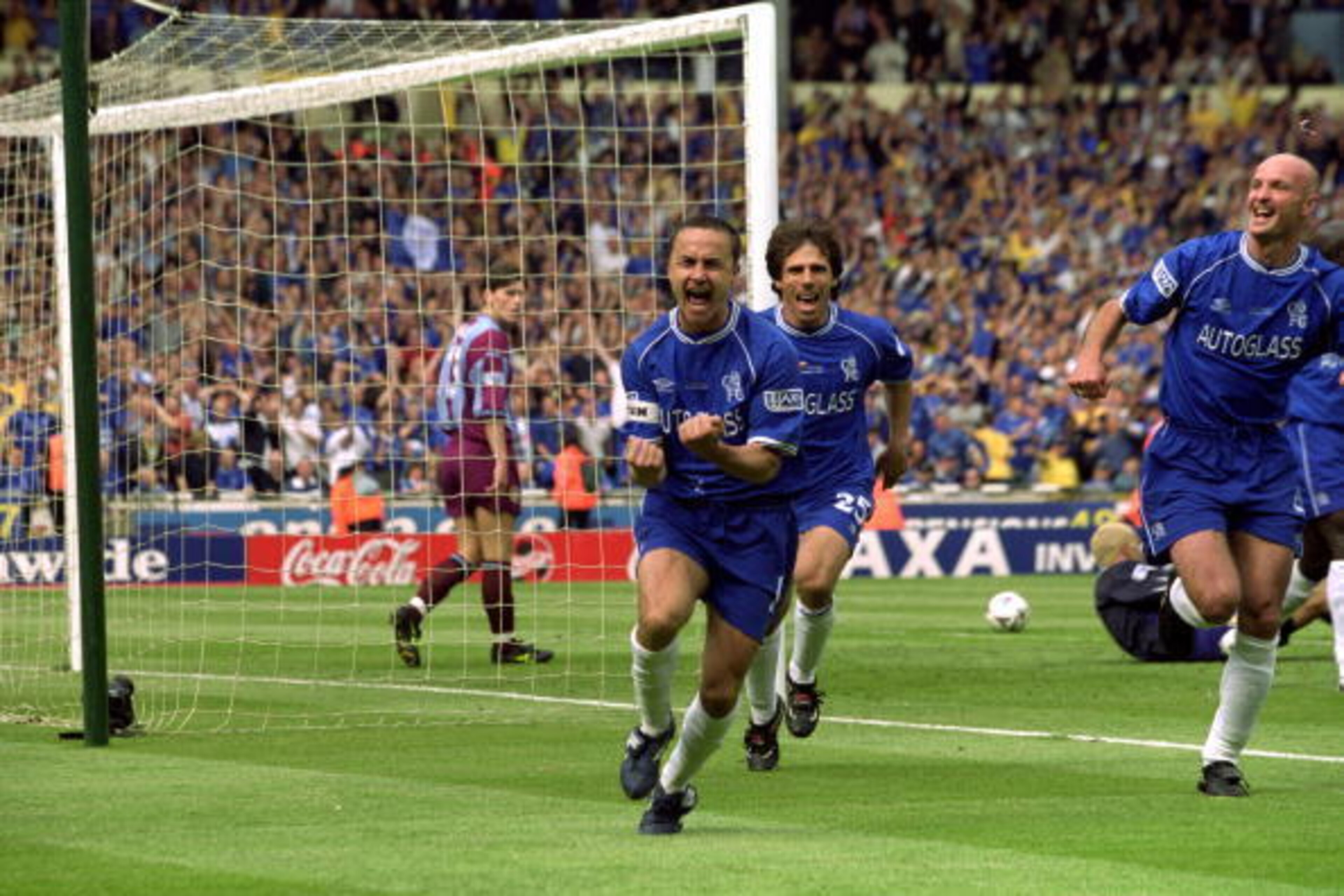 20 May 2000:  Dennis Wise of Chelsea celebrates scoring but later finds the goal disallowed during the AXA FA Cup Final 2000 against Aston Villa at Wembley Stadium, London, England. Chelsea won 1-0.  \ Mandatory Credit: Ben Radford /Allsport