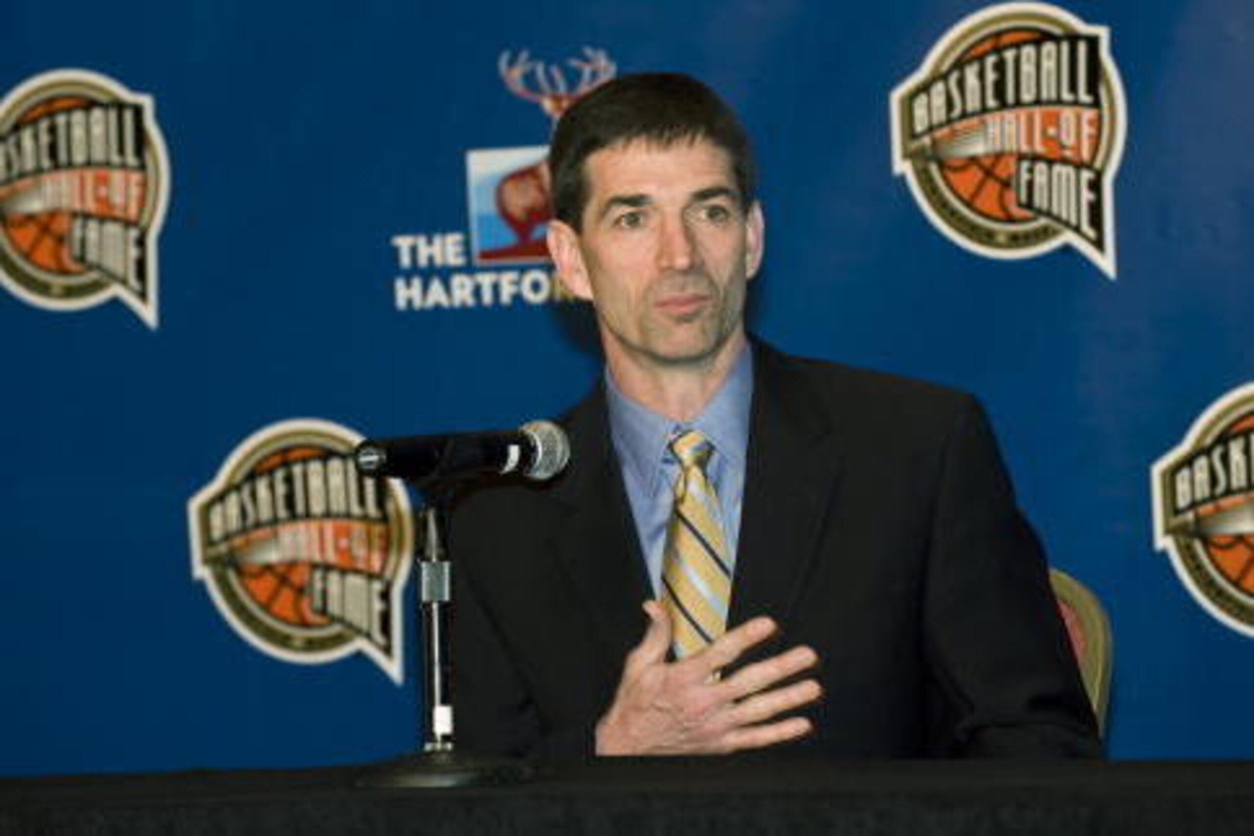 DETROIT, MI - APRIL 6:  Former Utah Jazz point guard John Stockton addresses the media after the Naismith Memorial Hall of Fame announced his induction to the class of 2009 at a press conference at the Detroit Marriott at the Renaissance Center on April 6