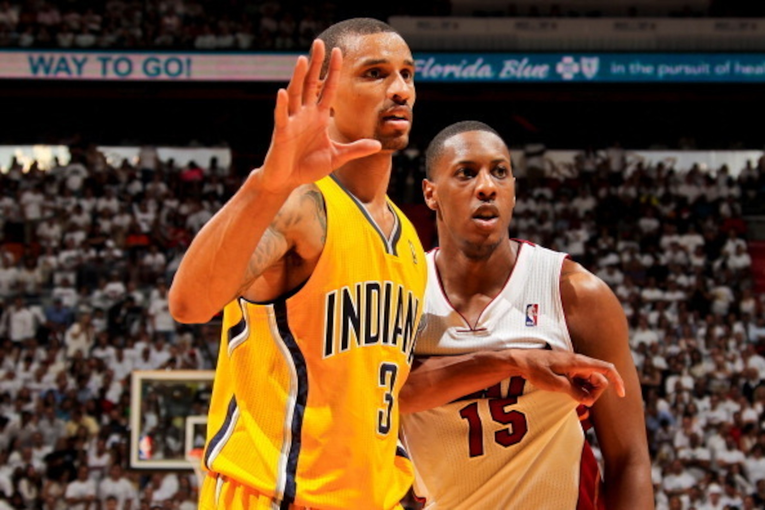 MIAMI, FL - MAY 24: George Hill #3 of the Indiana Pacers calls for the ball against Mario Chalmers #15 of the Miami Heat in Game Two of the Eastern Conference Finals during the 2013 NBA Playoffs on May 24, 2013 at American Airlines Arena in Miami, Florida