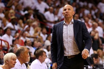 MIAMI, FL - MAY 14:  Jason Kidd of the Brooklyn Nets look on during Game Five of the Eastern Conference Semifinals of the 2014 NBA Playoffs against the Miami Heat at American Airlines Arena on May 14, 2014 in Miami, Florida. NOTE TO USER: User expressly a