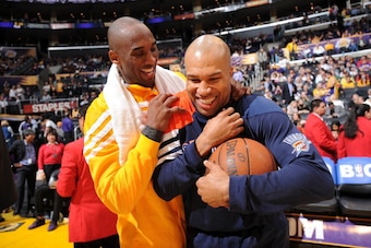 LOS ANGELES, CA - MARCH 29:  Derek Fisher #37 of the Oklahoma City Thunder is greeted by Kobe Bryant #24 of the Los Angeles Lakers at Staples Center on March 29, 2012 in Los Angeles, California. NOTE TO USER: User expressly acknowledges and agrees that, b