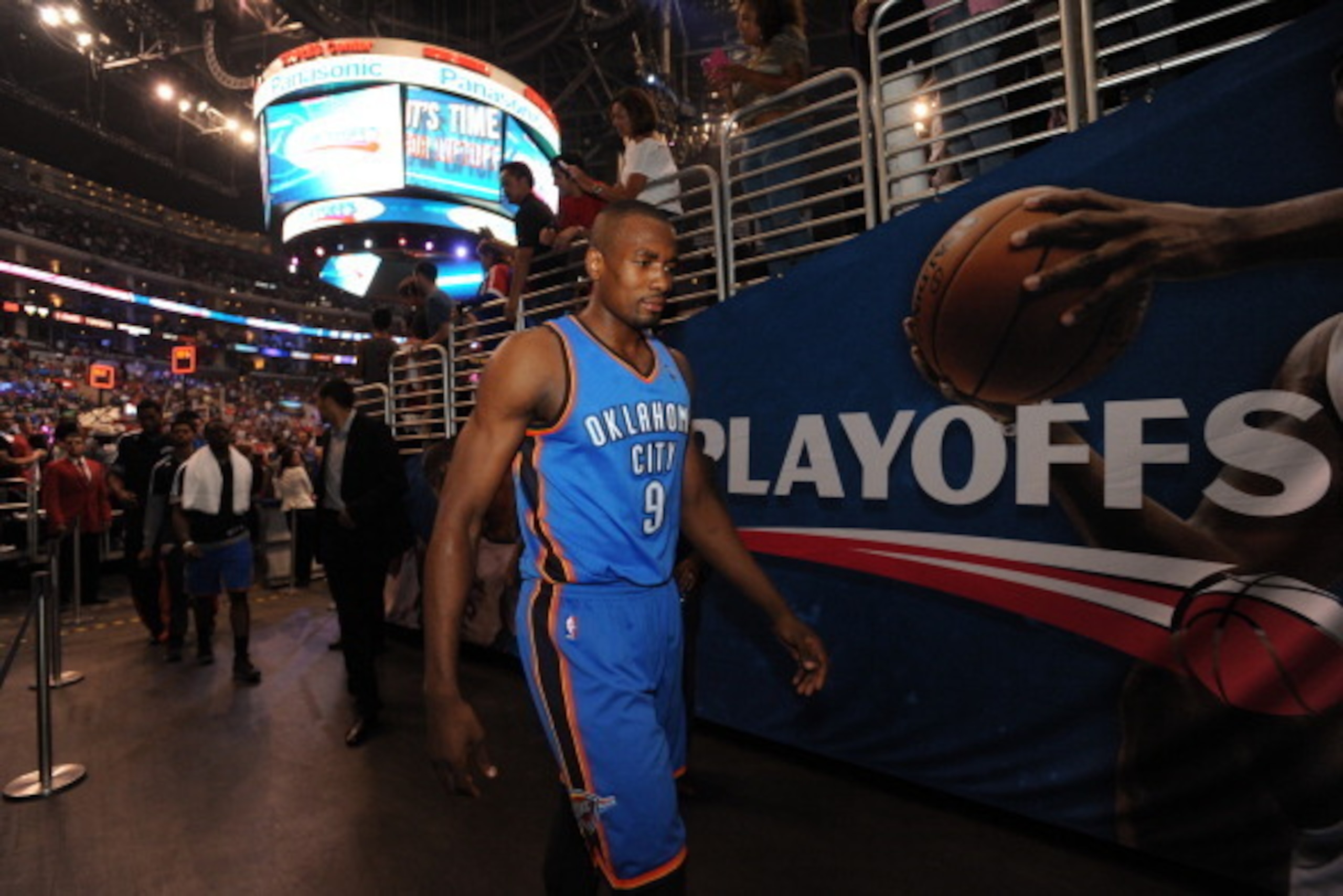 LOS ANGELES, CA - MAY 11:  Serge Ibaka #9 of the Oklahoma City Thunder walks off the court after Game Four of the Western Conference Semifinals against the Los Angeles Clippers during the 2014 NBA Playoffs at Staples Center on May 11, 2014 in Los Angeles,