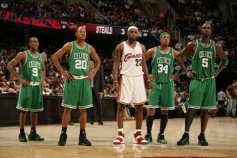CLEVELAND - NOVEMBER 27: LeBron James #23 of the Cleveland Cavaliers stands alongside Rajon Rondo #9, Ray Allen #20, Paul Pierce #34 and Kevin Garnett #5 of the Boston Celtics during a free throw on November 27, 2007 at The Quicken Loans Arena in Clevelan