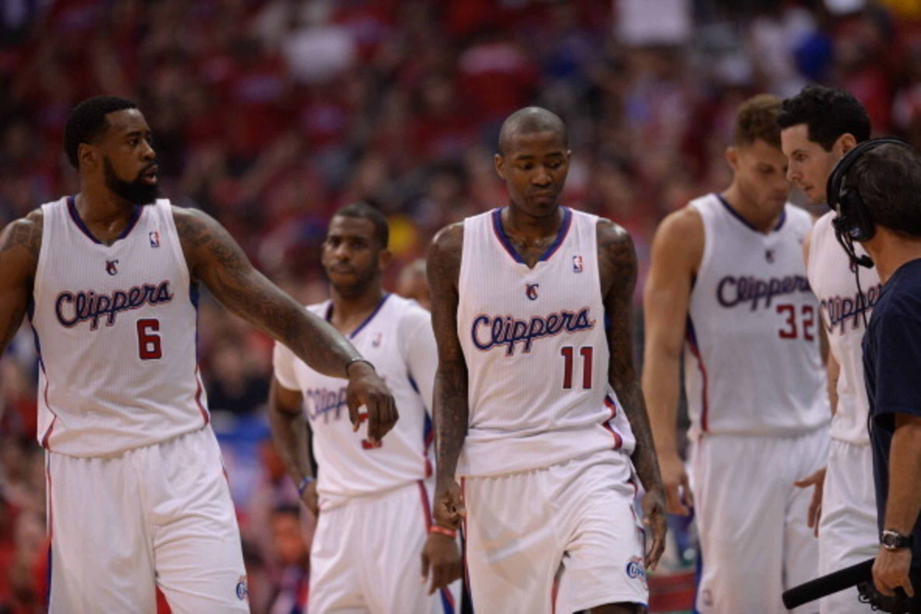 LOS ANGELES, CA - MAY 3: (L-R) DeAndre Jordan #6, Chris Paul #3, Jamal Crawford #11, Blake Griffin #32, and J.J. Redick #4 of the Los Angeles Clippers head to the bench against the Golden State Warriors in Game Seven of the Western Conference Quarterfinal