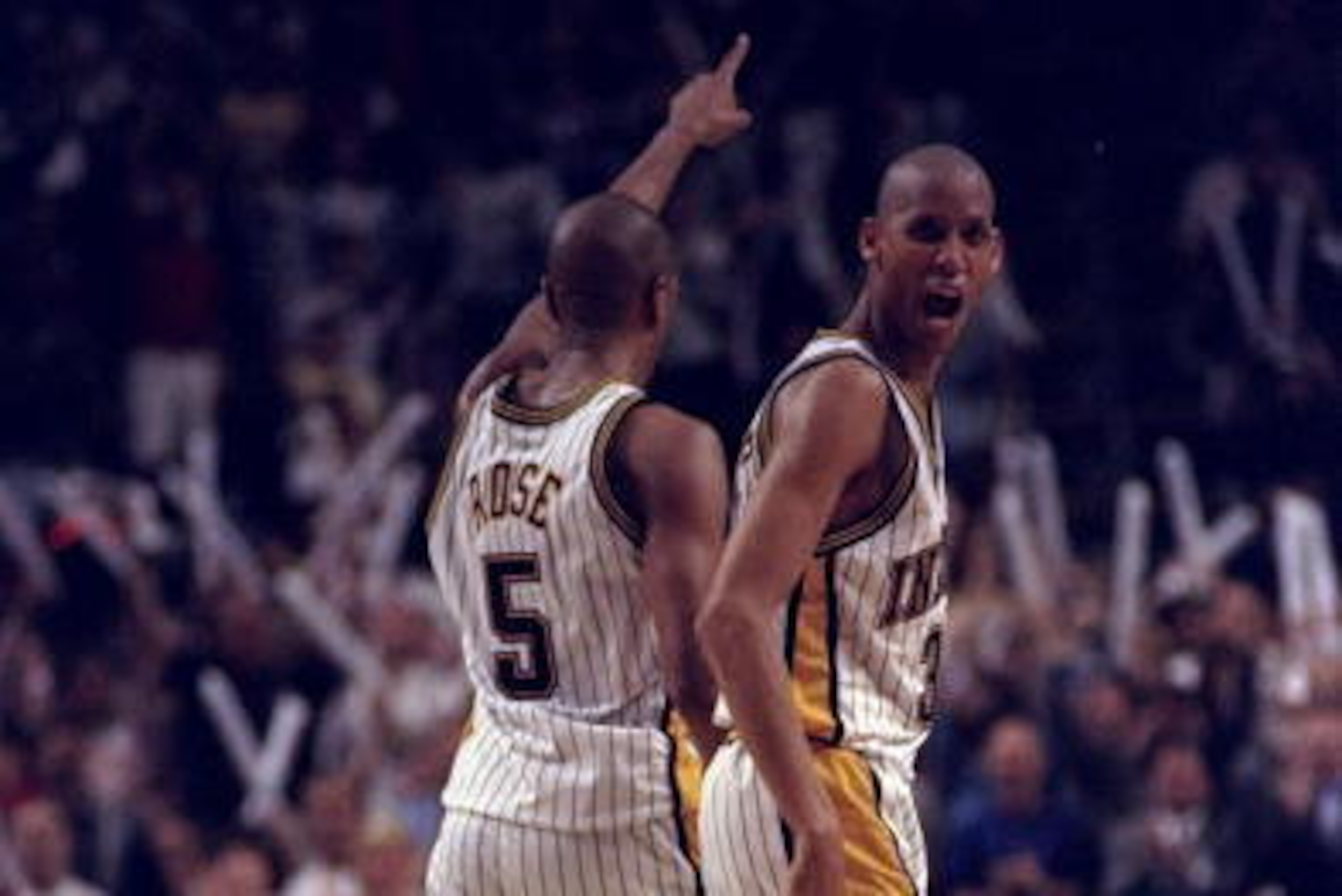 25 Apr 1998:  Guards Reggie Miller and Jalen Rose of the Indiana Pacers in action against the Cleveland Cavaliers during an NBA playoff game at the Market Square Arena in Indianapolis, Indiana.  The Pacers defeated the Cavaliers 92-86. Mandatory Credit: V