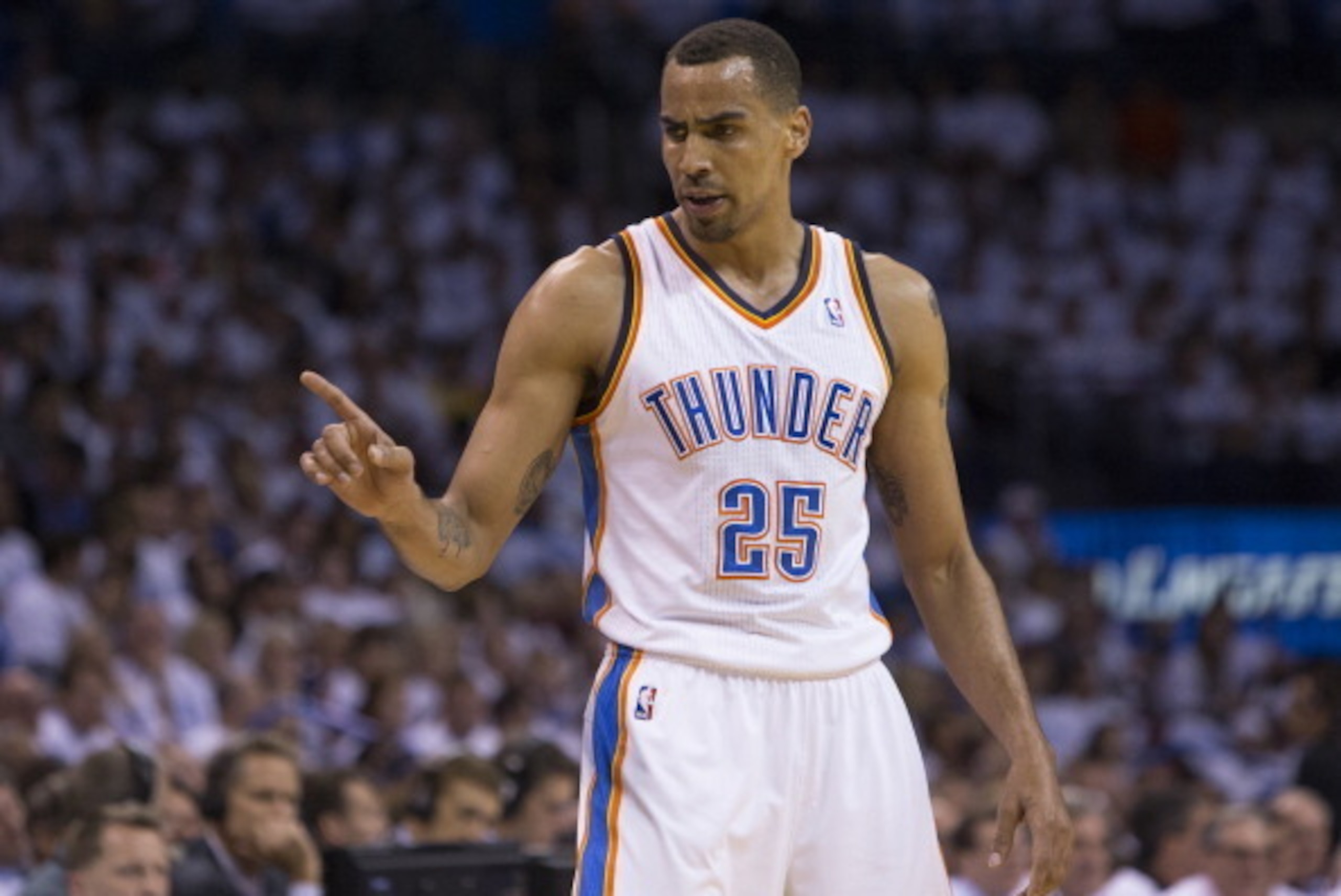 OKLAHOMA CITY, OK - May 13: Thabo Sefolosha #25 of the Oklahoma City Thunder on the court in Game 5 of the Western Conference Semifinals against the Los Angeles Clippers during the 2014 NBA Playoffs at the Chesapeake Arena on May 13, 2014 in Oklahoma City OKLAHOMA CITY, OK - May 13: Thabo Sefolosha #25 of the Oklahoma City Thunder on the court in Game 5 of the Western Conference Semifinals against the Los Angeles Clippers during the 2014 NBA Playoffs at the Chesapeake Arena on May 13, 2014 in Oklahoma City