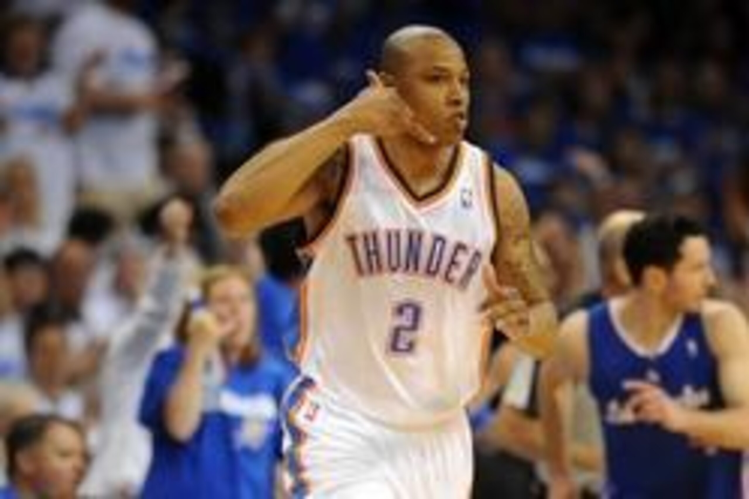 May 7, 2014; Oklahoma City, OK, USA; Oklahoma City Thunder forward Caron Butler (2) reacts after a made shot against the Los Angeles Clippers during the second quarter in game two of the second round of the 2014 NBA Playoffs at Chesapeake Energy Arena. Ma May 7, 2014; Oklahoma City, OK, USA; Oklahoma City Thunder forward Caron Butler (2) reacts after a made shot against the Los Angeles Clippers during the second quarter in game two of the second round of the 2014 NBA Playoffs at Chesapeake Energy Arena. Ma