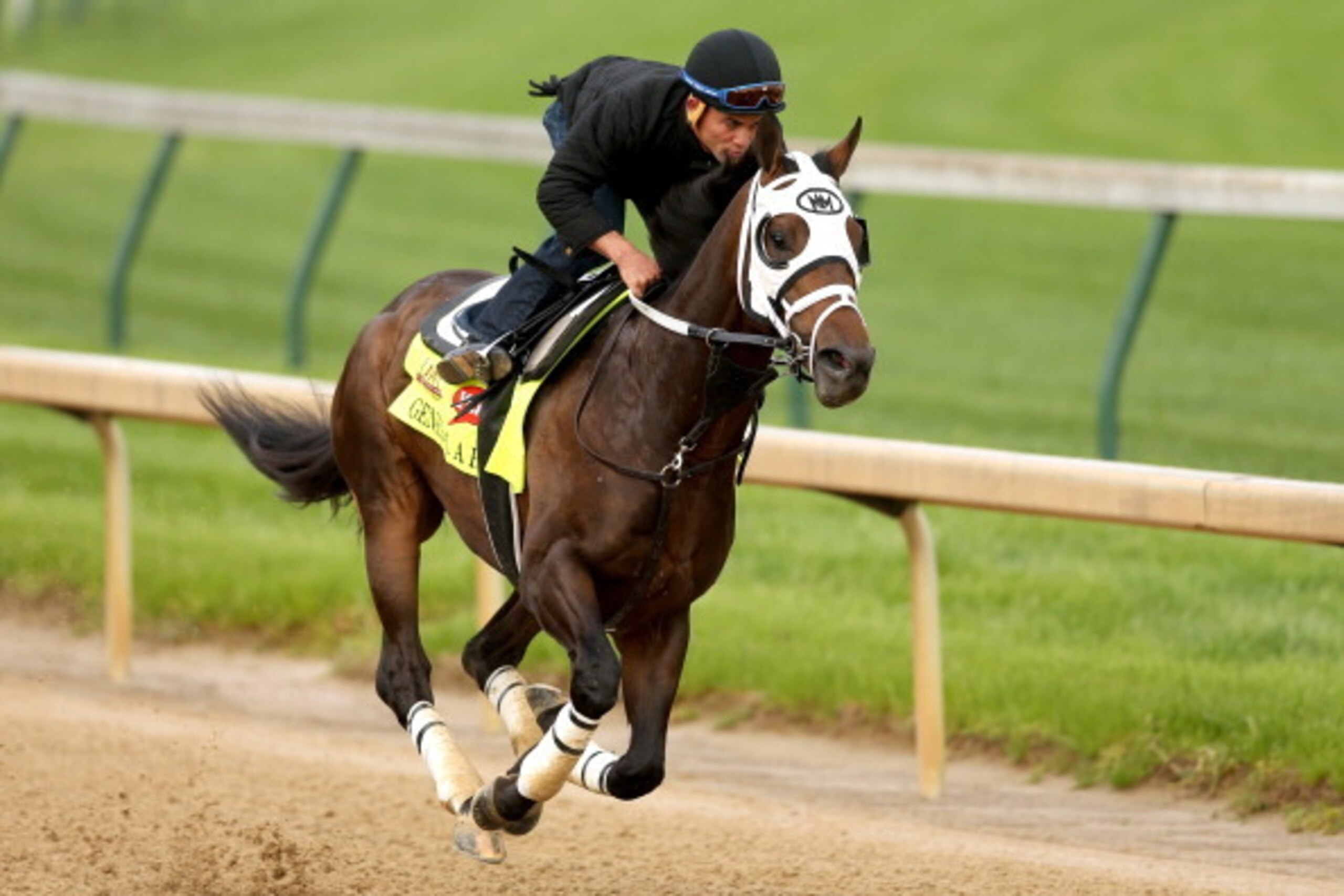 LOUISVILLE, KY - APRIL 29:  General A Rod is ridden by Joel Barrientos during the morning exercise session in preparation for the140th Kentucky Derby at Churchill Downs on April 29, 2014 in Louisville, Kentucky.  (Photo by Matthew Stockman/Getty Images)