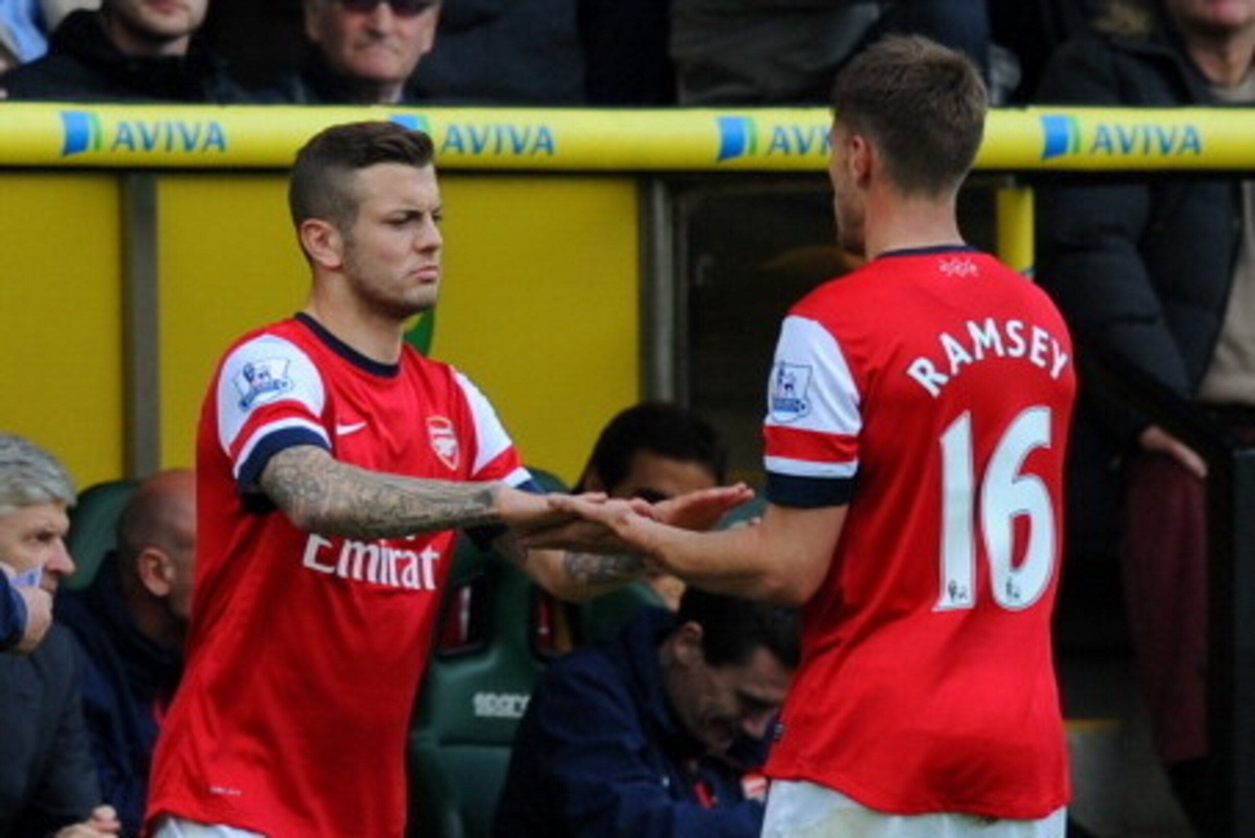 NORWICH, ENGLAND - MAY 11: Jack Wilshere of Arsenal replaces Aaron Ramsey of Arsenal during the Barclays Premier League match between Norwich City and Arsenal at Carrow Road on May 11, 2014 in Norwich, England. (Photo by Steve Bardens/Getty Images) NORWICH, ENGLAND - MAY 11: Jack Wilshere of Arsenal replaces Aaron Ramsey of Arsenal during the Barclays Premier League match between Norwich City and Arsenal at Carrow Road on May 11, 2014 in Norwich, England. (Photo by Steve Bardens/Getty Images)