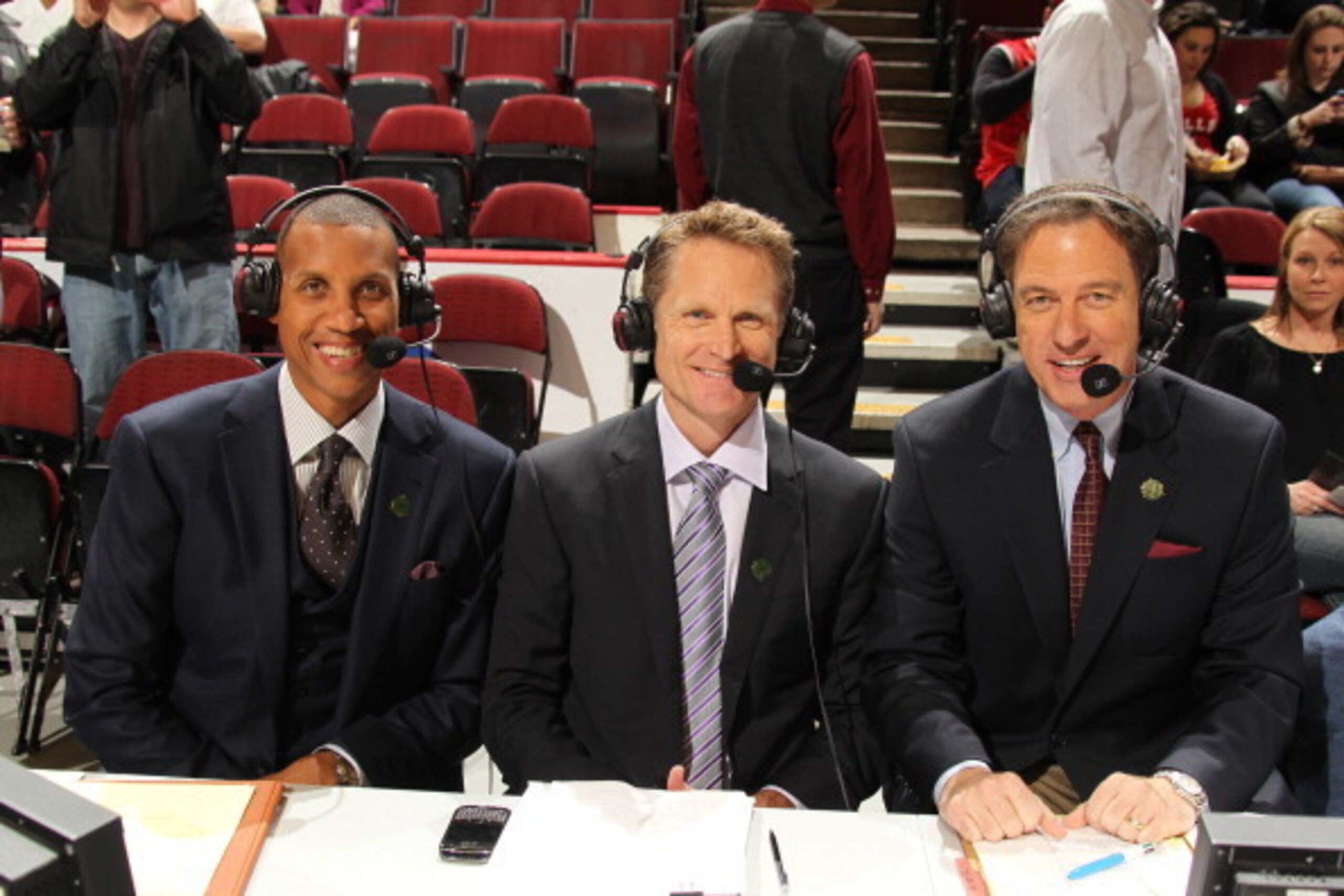 CHICAGO, IL - APRIL 05: TNT Broadcasters Reggie Miller, Steve Kerr and Kevin Harlan pose for a photo prior to the game of the Chicago Bulls  against the Boston Celtics on April 5, 2012 at the United Center in Chicago, Illinois. NOTE TO USER: User expressl