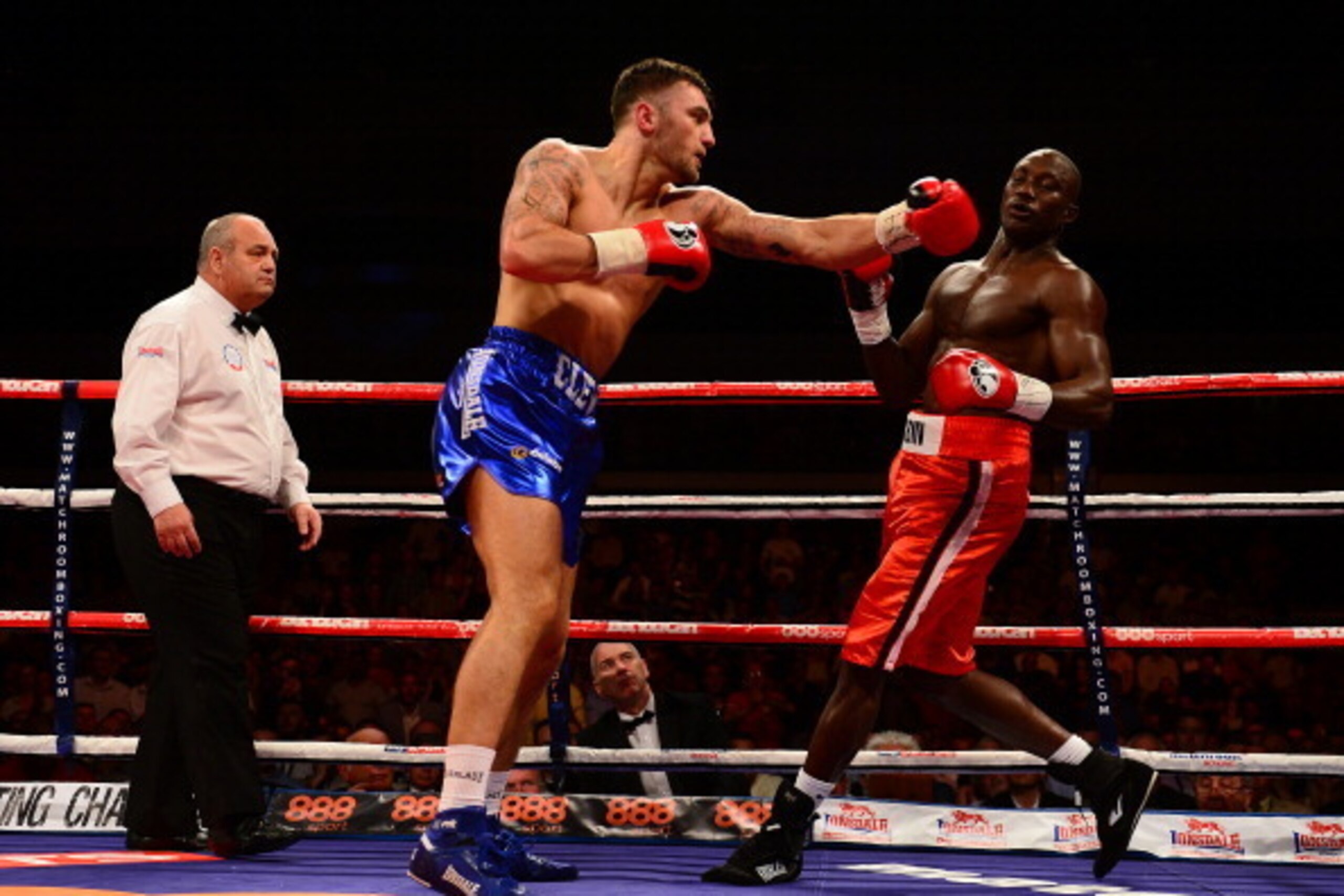 CARDIFF, WALES - MAY 17:  Nathan Cleverly (L) in action against Shaun Corbin during their WBA Inter-Continental Cruiserweight Title bout at the Motorpoint Arena on May 17, 2014 in Cardiff, Wales.  (Photo by Dan Mullan/Getty Images)