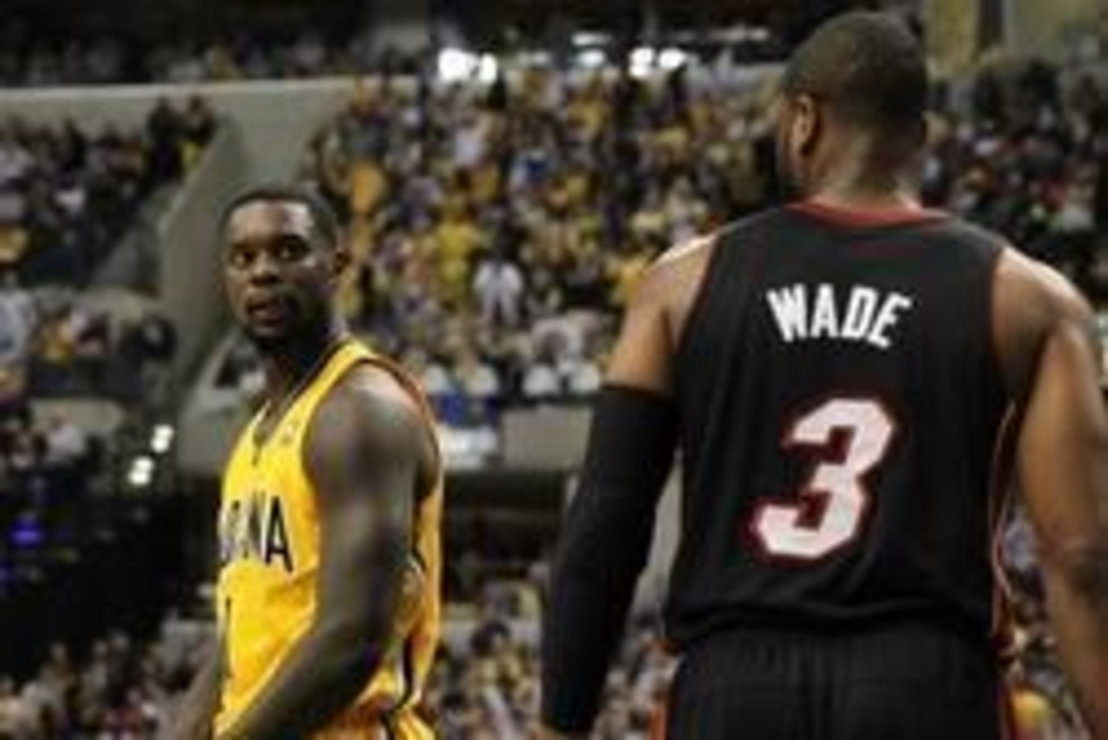 Mar 26, 2014; Indianapolis, IN, USA;  Indiana Pacers guard Lance Stephenson (1) reacts during the fourth quarter against the Miami Heat at Bankers Life Fieldhouse. The Pacers won 84-83. Mandatory Credit: Pat Lovell-USA TODAY Sports