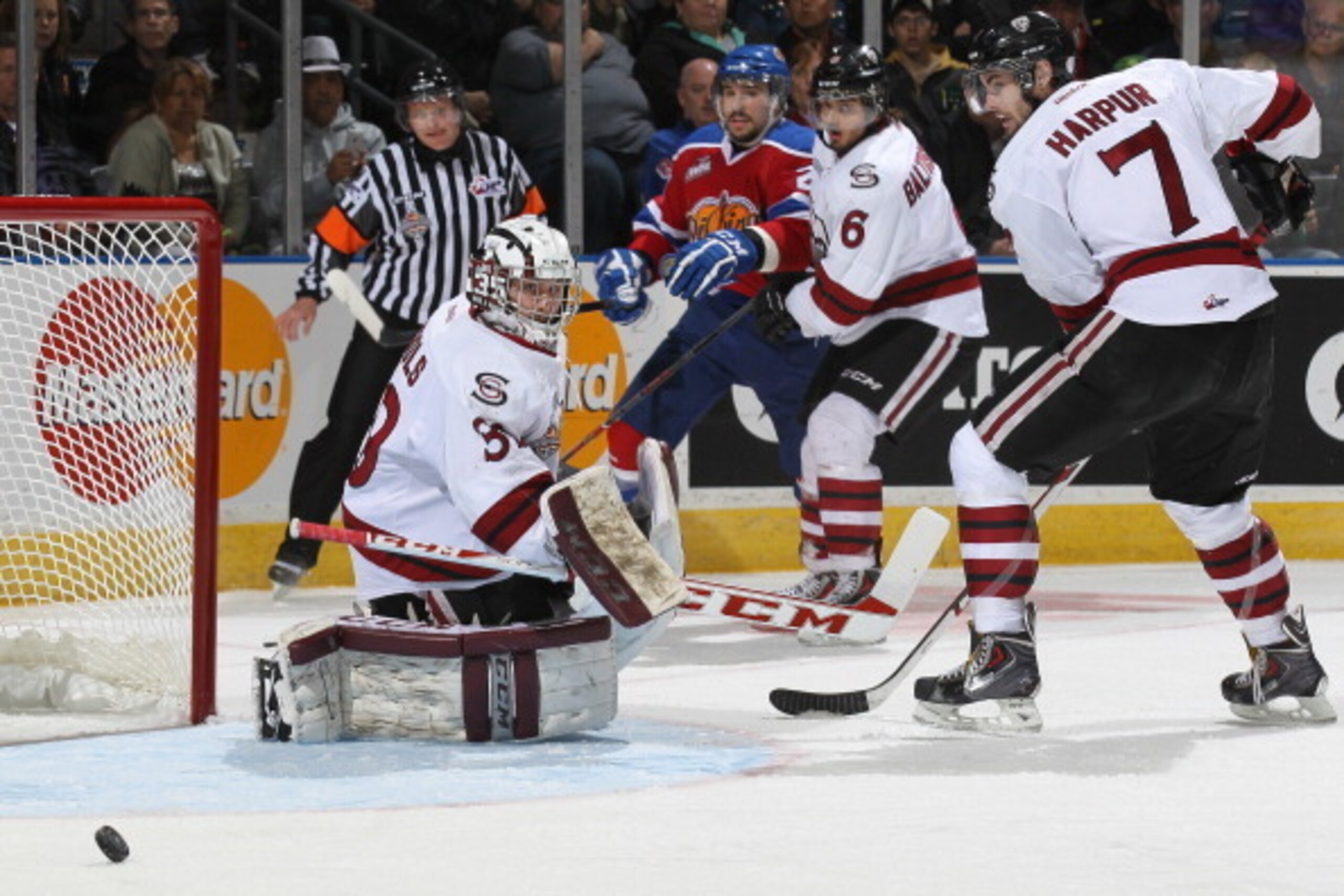 LONDON, ON - MAY 17:  Justin Nichols #39 of the Guelph Storm watches a shot slip wide against the Edmonton Oil Kings in Game Two of the 2014 Mastercard Memorial Cup at Budweiser Gardens on May 17, 2014 in London, Ontario, Canada. (Photo by Claus Andersen/