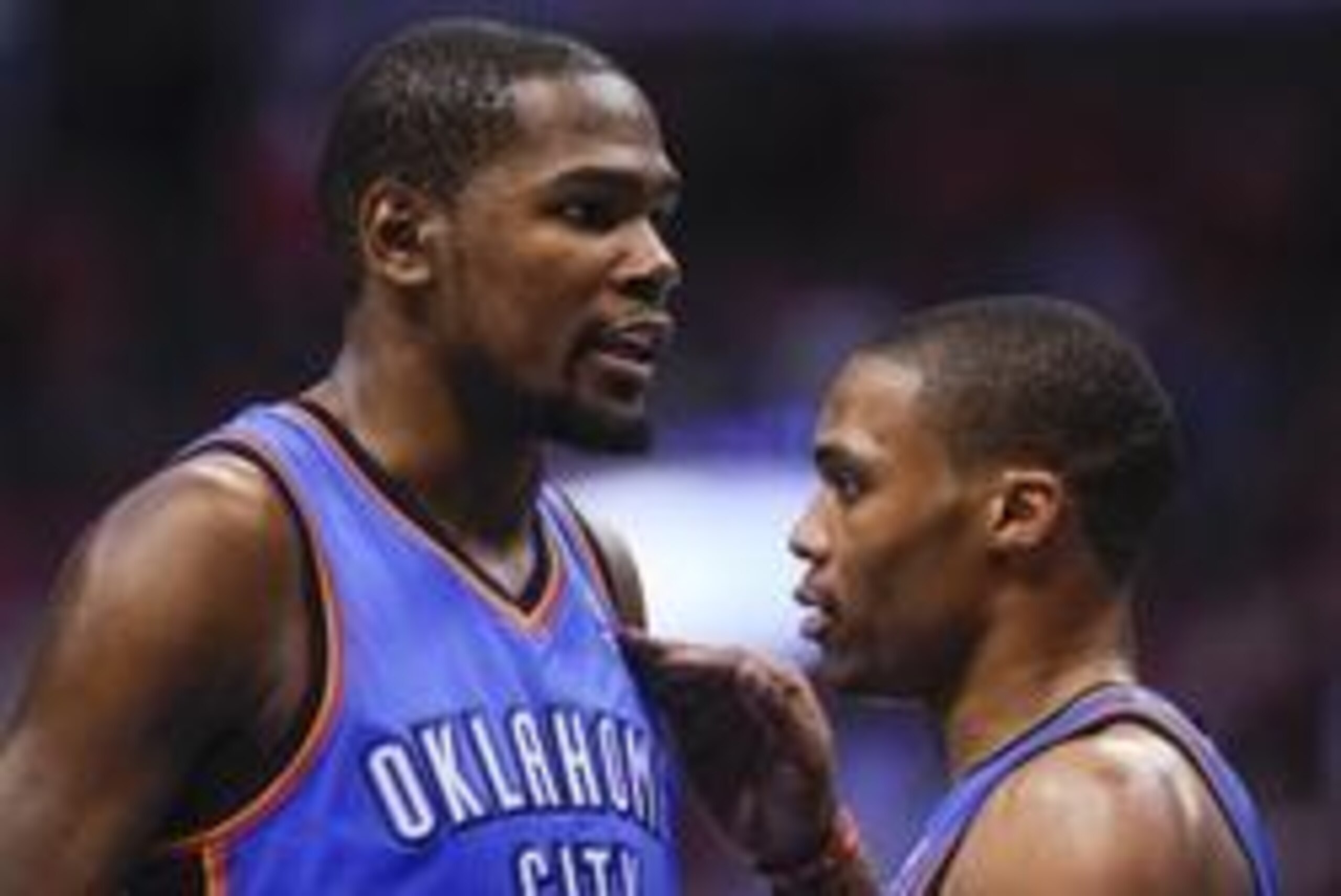 May 9, 2014; Los Angeles, CA, USA; Oklahoma City Thunder forward Kevin Durant (35) and guard Russell Westbrook (0) during the Thunders win over the Los Angeles Clippers in game three of the second round of the 2014 NBA Playoffs at Staples Center. Mandator