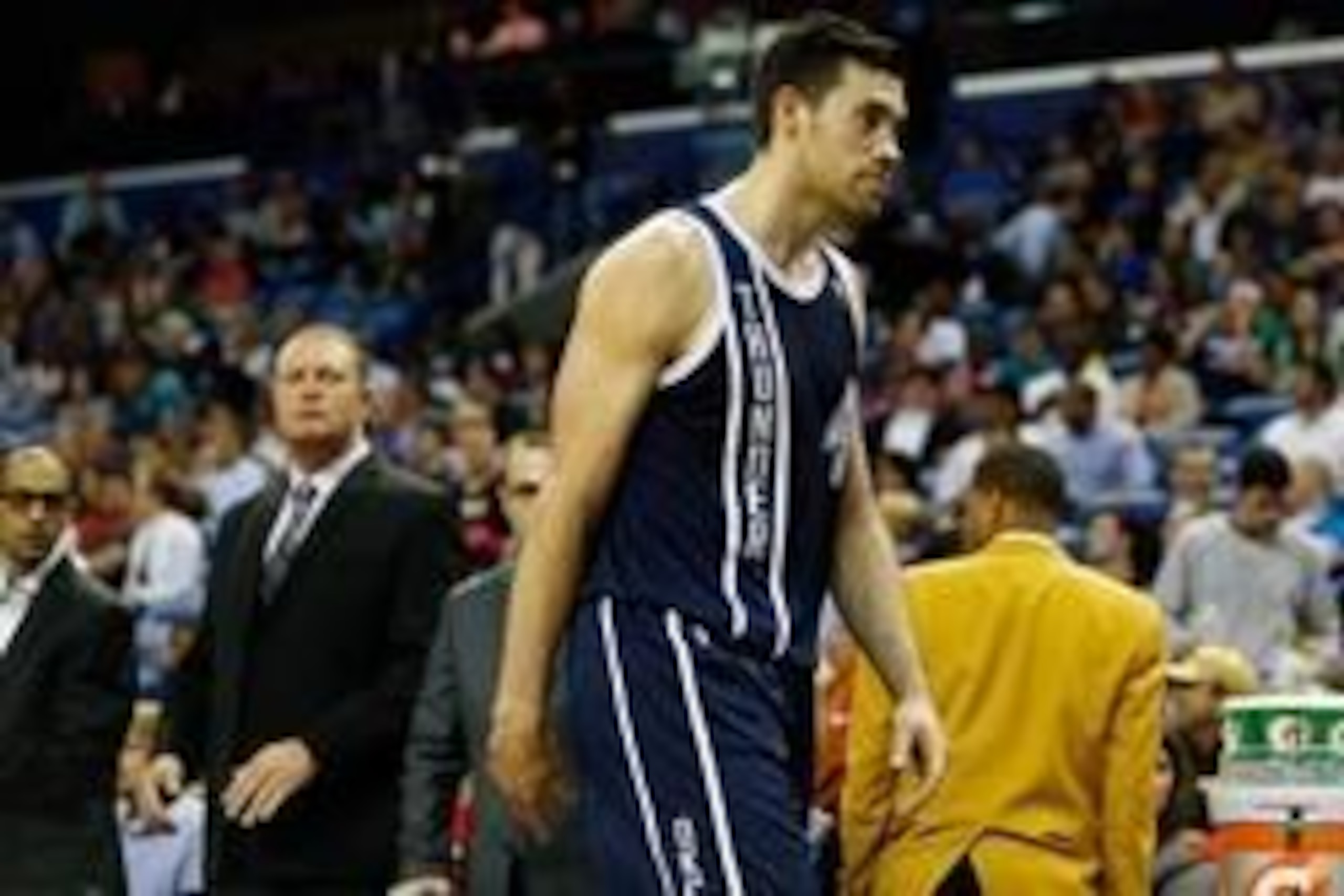Apr 14, 2014; New Orleans, LA, USA; Oklahoma City Thunder forward Nick Collison (4) is ejected following an altercation with guard Austin Rivers (not pictured) during the second quarter of a game at Smoothie King Center. Mandatory Credit: Derick E. Hingle