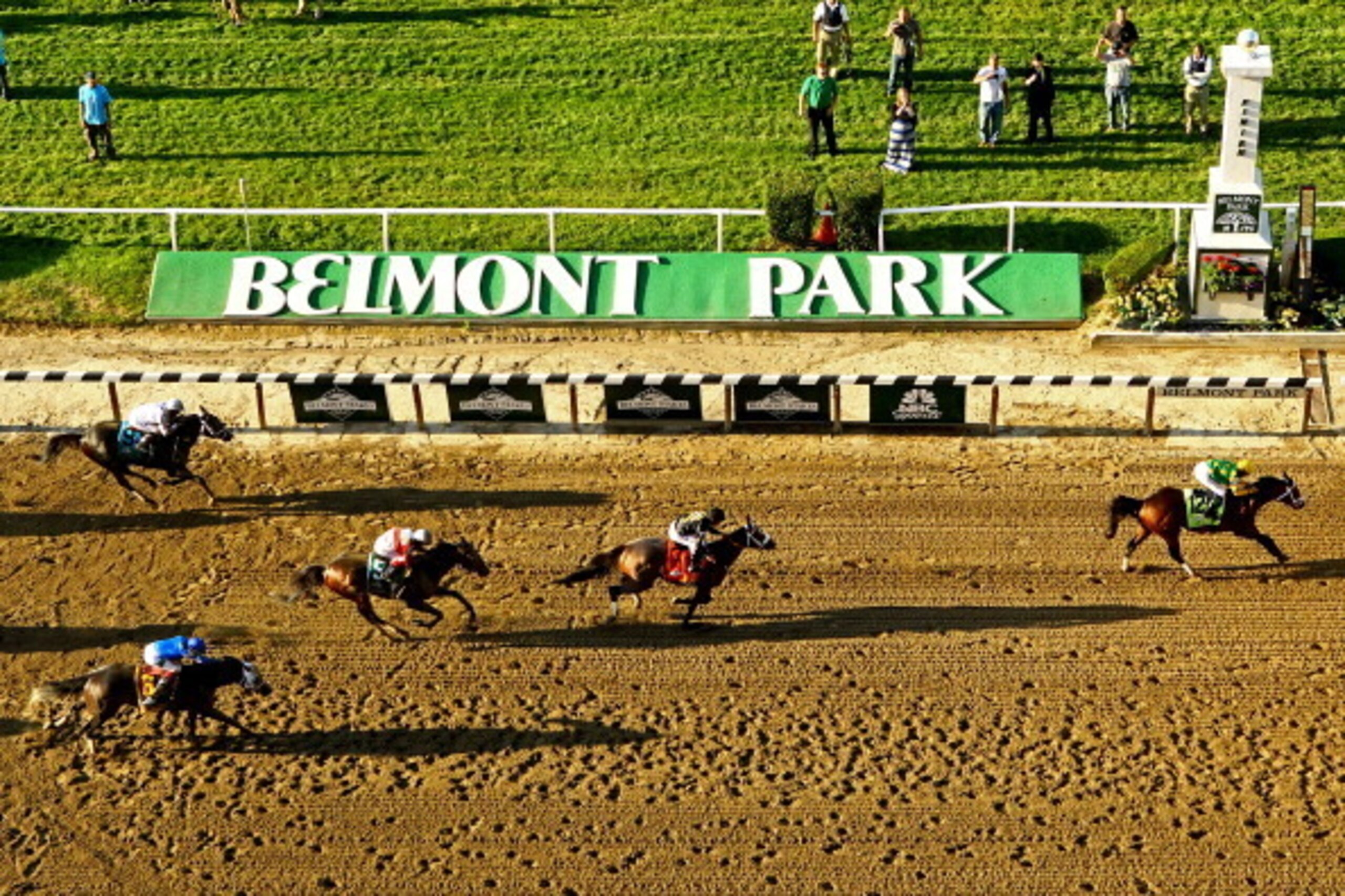 ELMONT, NY - JUNE 08:  Palace Malice #12 ridden by Mike Smith wins the 145th running of the Belmont Stakes followed by Oxbow #7 Ridden by Gary Stevens and and Orb #5 ridden by Joel Rosario at Belmont Park on June 8, 2013 in Elmont, New York.  (Photo by Al